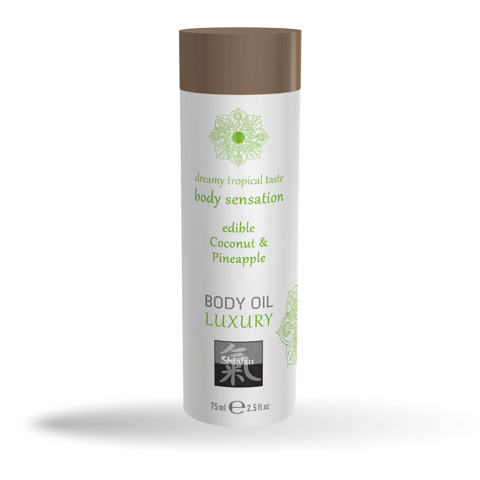 Zylindrische Flasche mit braunem Deckel. Aufschrift: Body Oil Luxury, Shiatsu, Kokosnuss & Ananas. Grüne florale Muster.