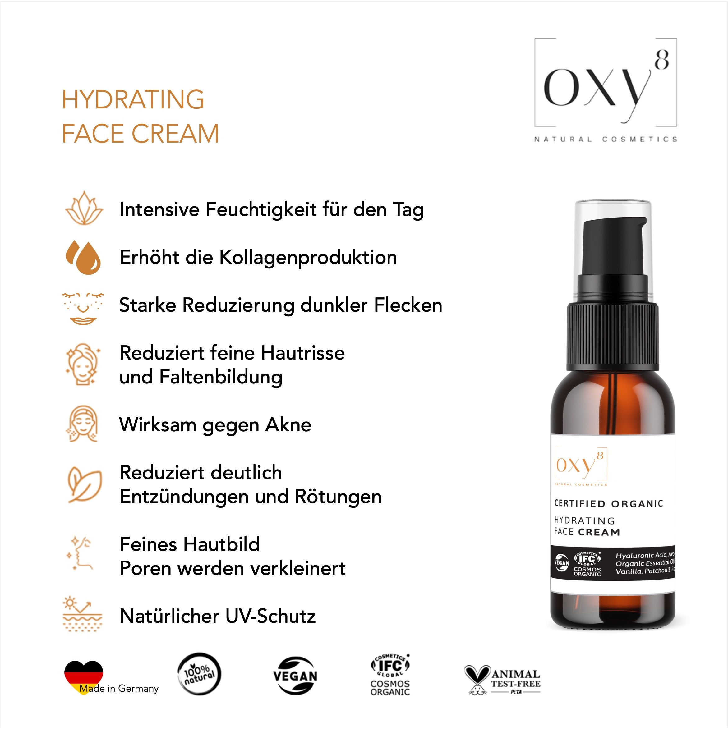 oxy8 Naturkosmetik Hydrating Face Cream - Anti Aging. Feuchtigkeit. Reduziert Falten & Altersflecken 50 ml Tagescreme