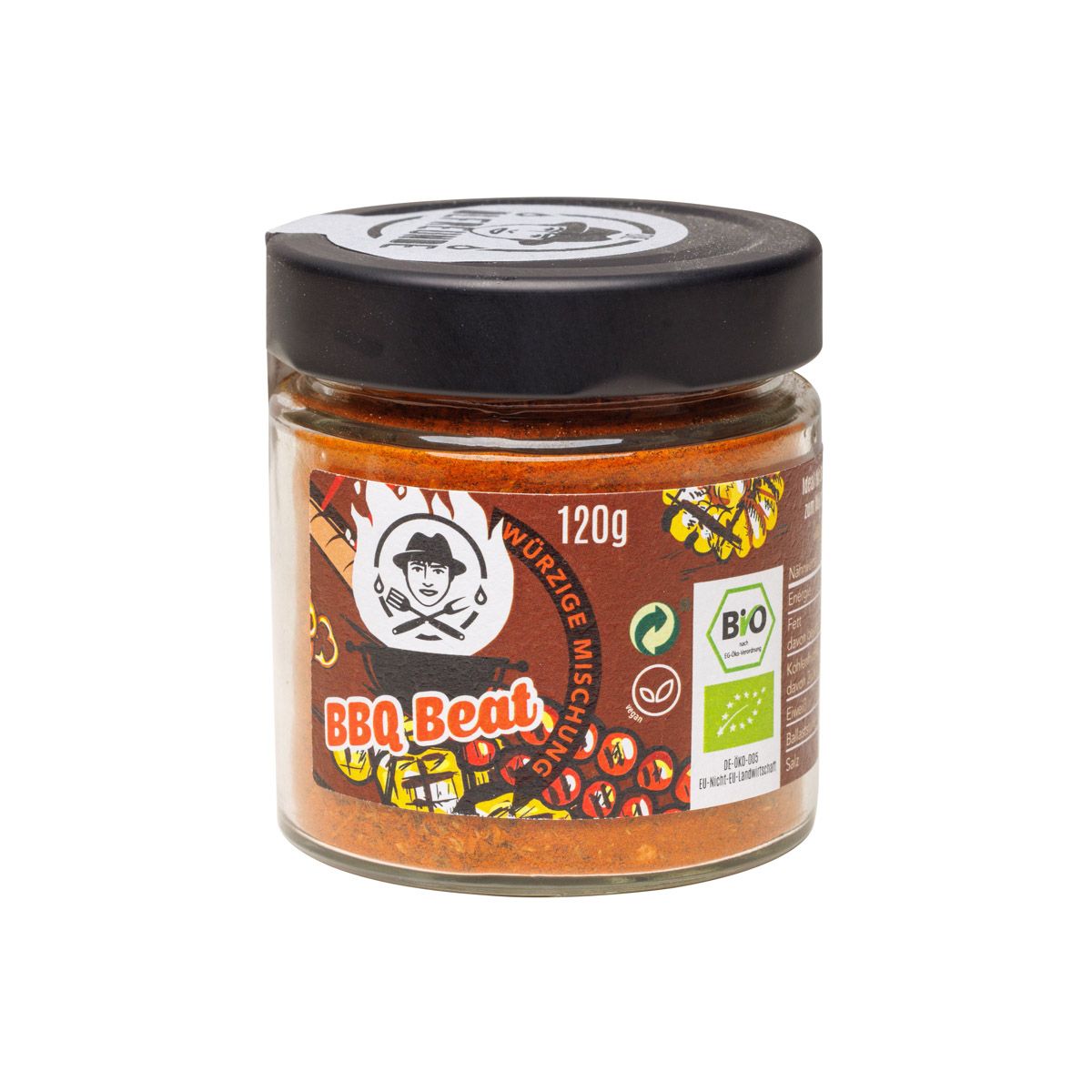 Glas mit BBQ-Gewürzmischung. Schwarzer Deckel, Etikett mit Logo und Text. Bio-Siegel. Inhalt: 120g.