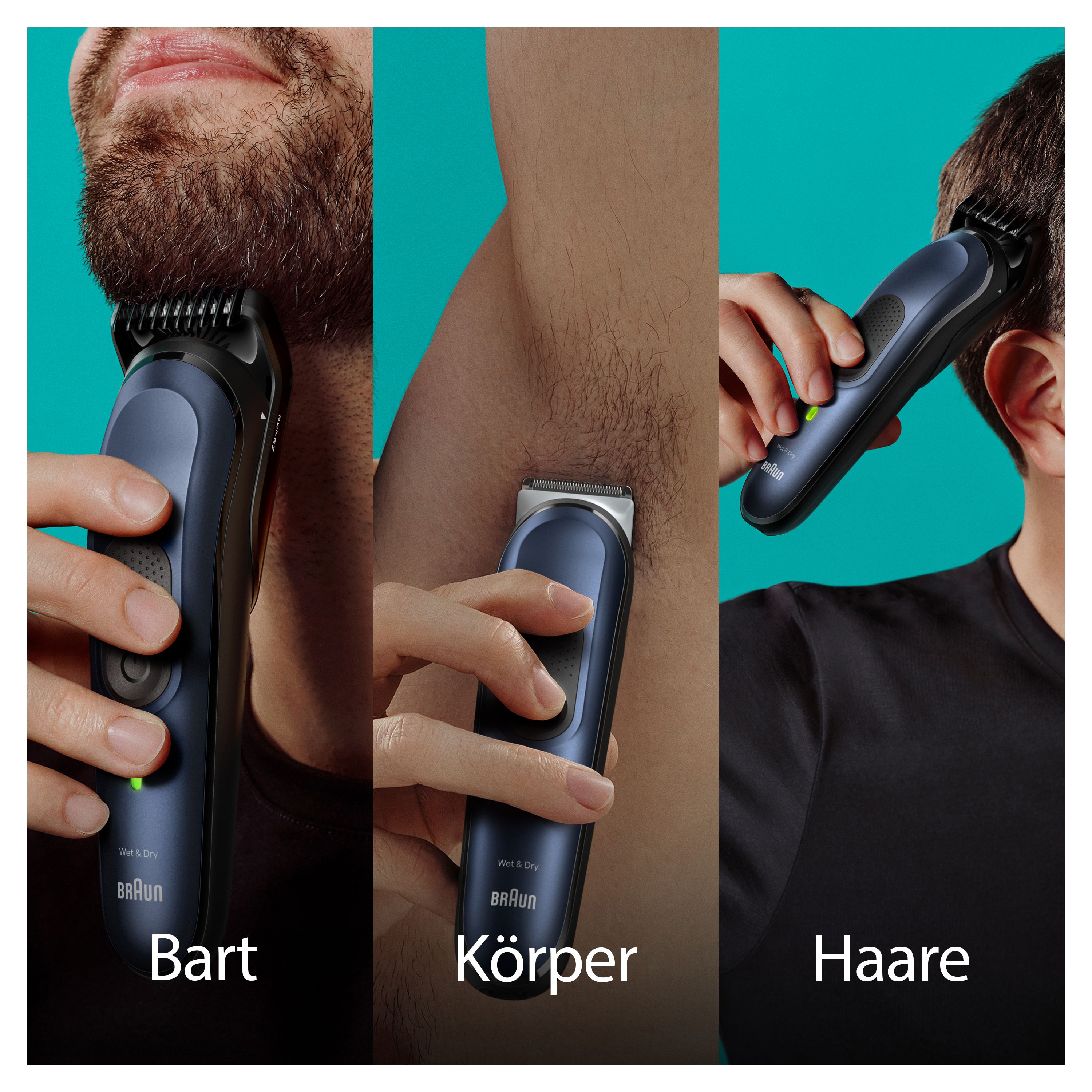 Braun MGK7421. Bart-, Körper- und Haartrimmer in Aktion. Schwarzes Gehäuse mit blauen Akzenten. Verschiedene Anwendungen.