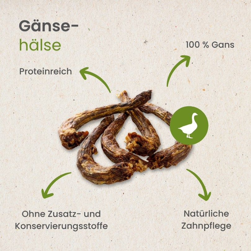 Getrocknete Gänsehälse, 100% Gans, proteinreich, ohne Zusatzstoffe.