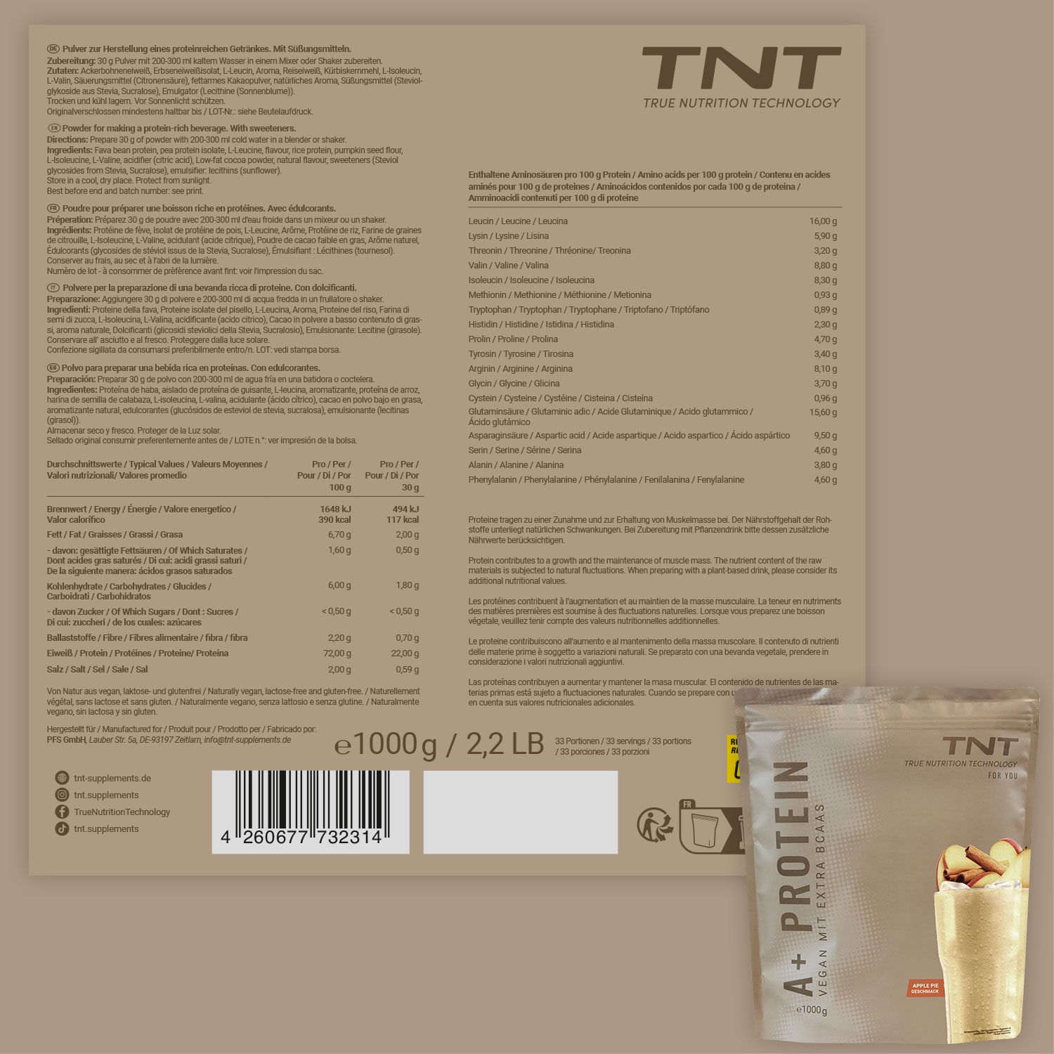 Rückseite des TNT A+ Protein Beutels mit Nährwertangaben und Barcode.