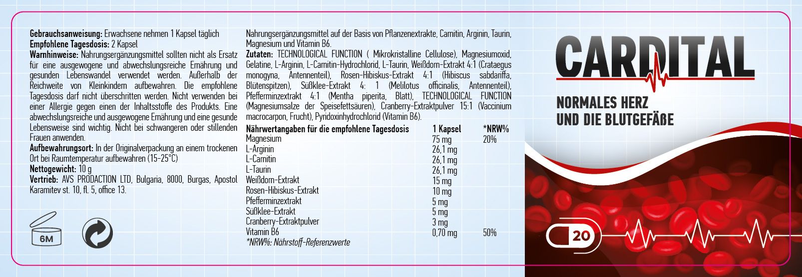 Rückseite der Cardital Kapseln-Packung. Aufschrift: Cardital, Normales Herz und die Blutgefäße. 20 Kapseln. Enthält Informationen zu Inhaltsstoffen und Nährwerten.