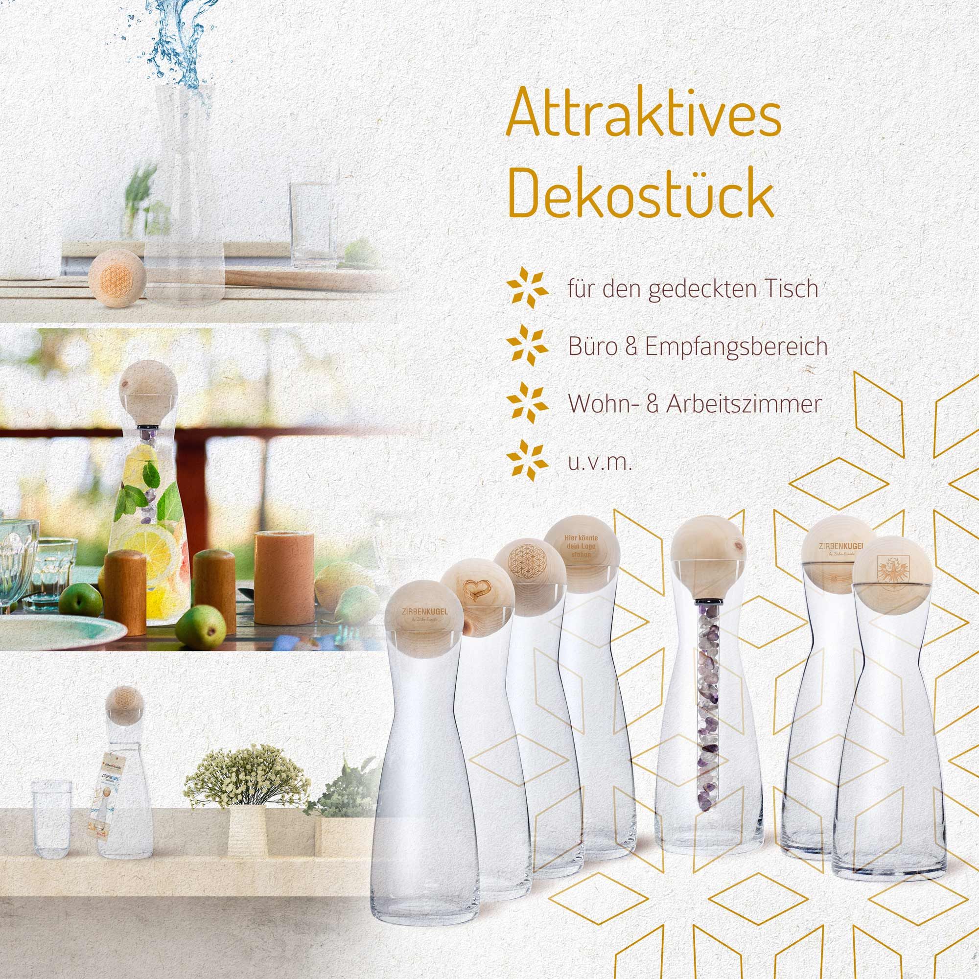 Karaffen-Arrangement. Mehrere Karaffen mit Holzdeckel und Stab. Text: Attraktives Dekostück. Für Tisch, Büro, Wohnzimmer.