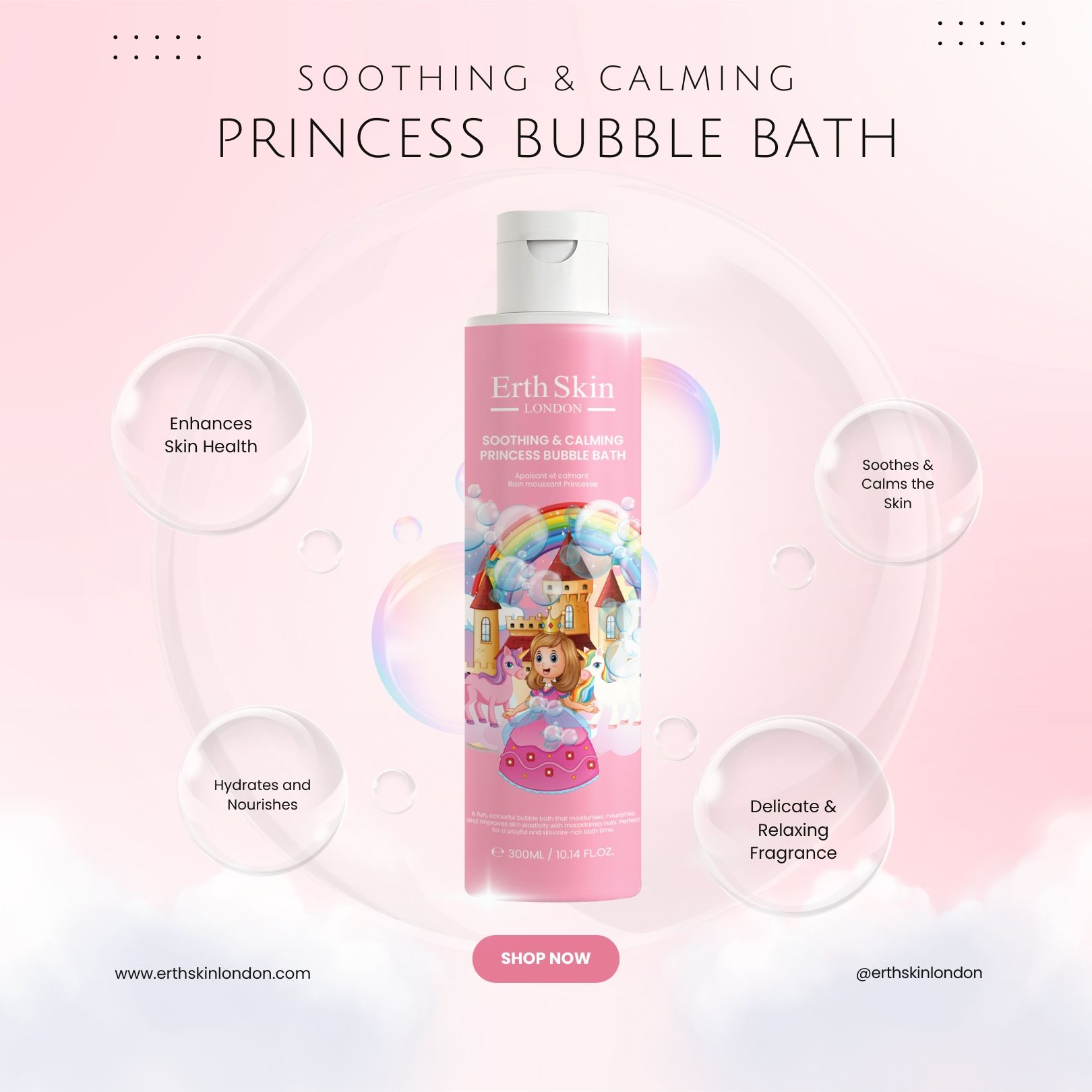 Rosa Flasche mit weißem Deckel, umgeben von Infografiken. Produktname und Logo auf dem Etikett.