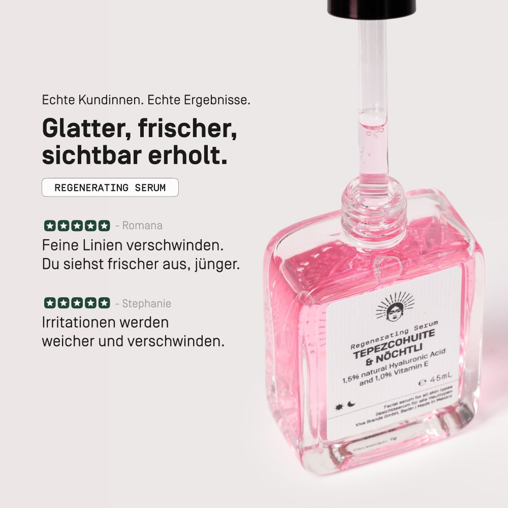 Viva Maia Regenerating Serum Flasche mit Pipette. Text zeigt Kundenbewertungen und Produktvorteile.