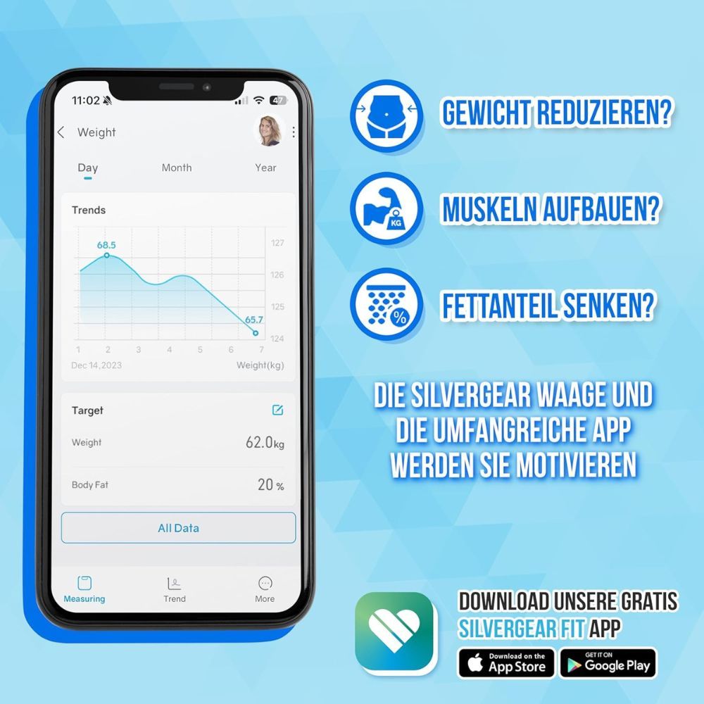 Smartphone zeigt App-Daten: Gewicht, Körperfett. App-Download-Links für App Store und Google Play.