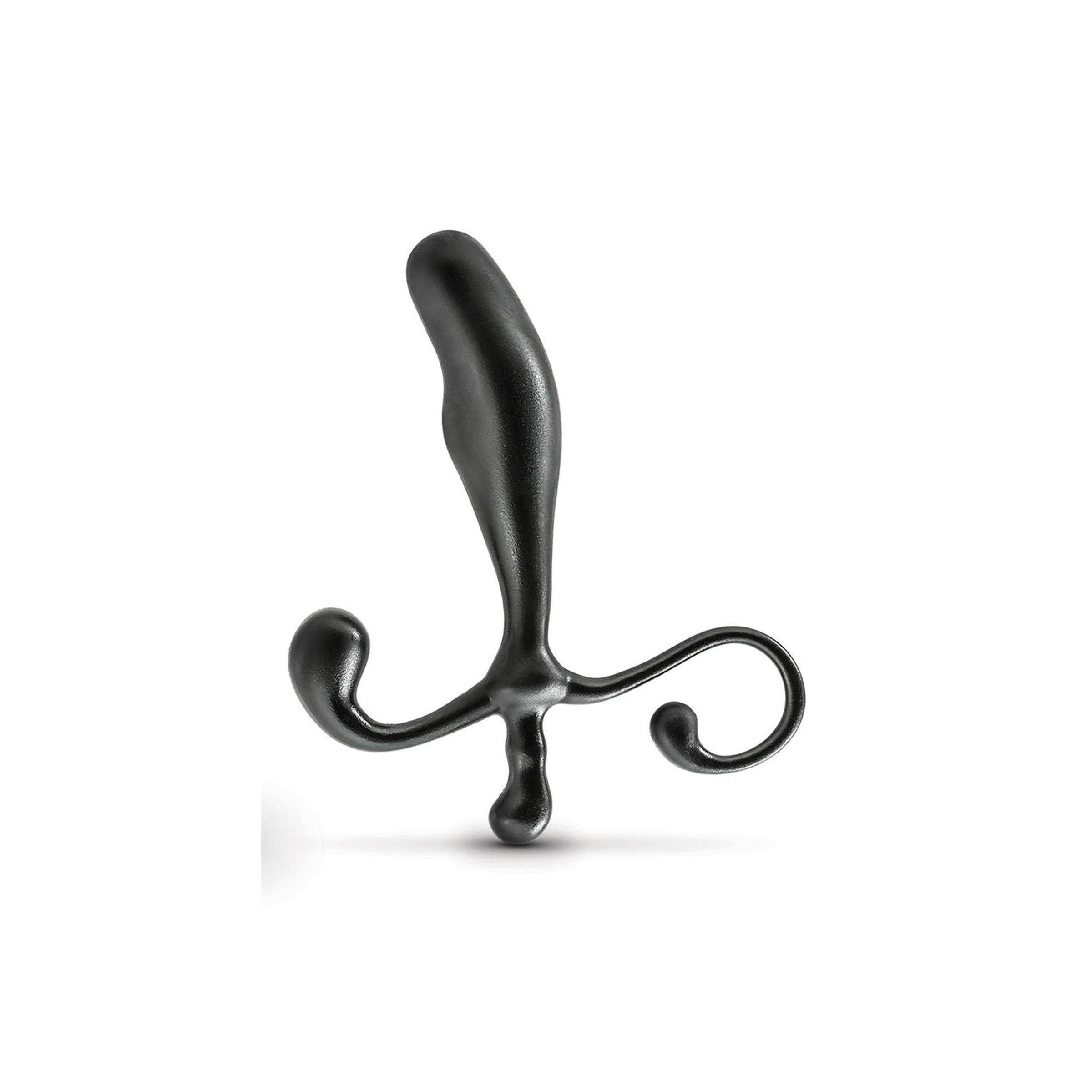 Schwarzer Prostata-Stimulator. Länglicher Schaft mit drei Ausläufern, einer mit einer Schlaufe. Glatte Oberfläche.