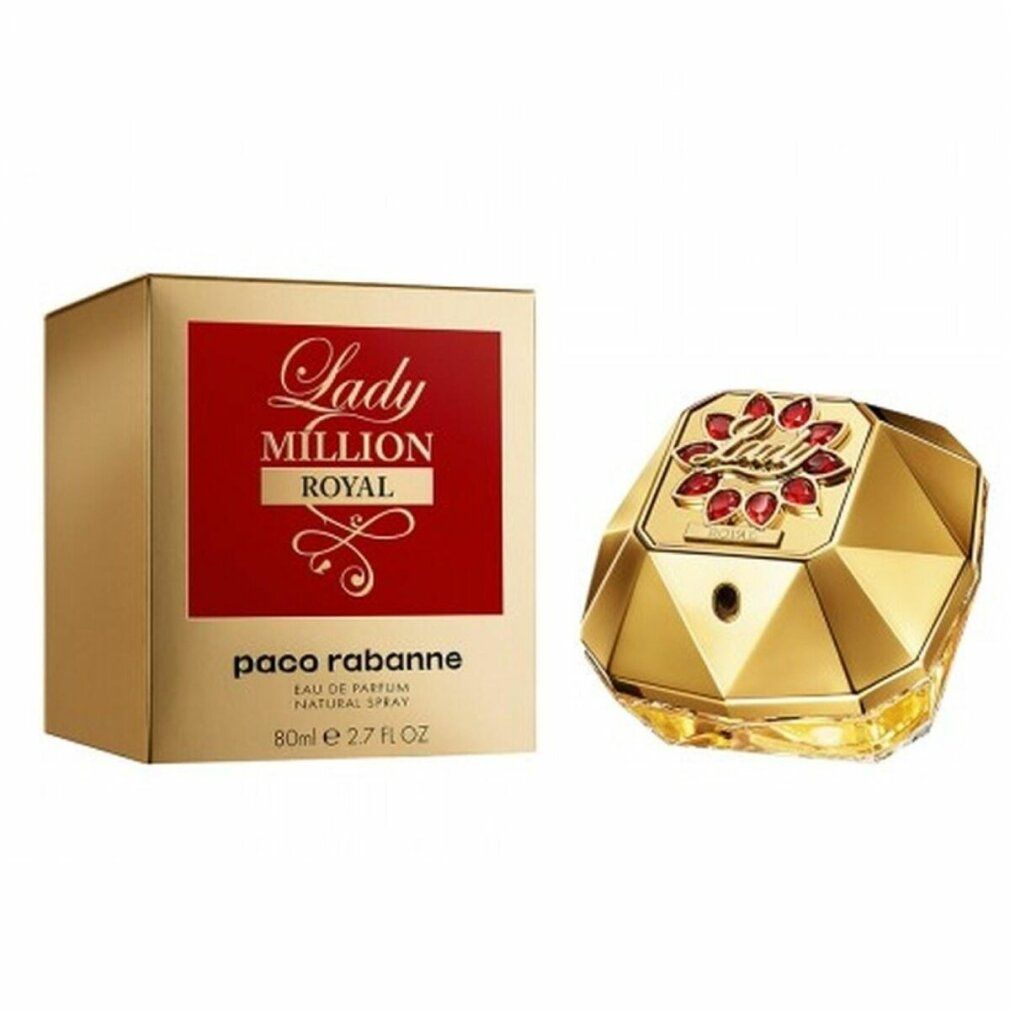 Goldfarbener Flakon und Verpackung. Auf der Verpackung steht "Lady Million Royal" und "Paco Rabanne".