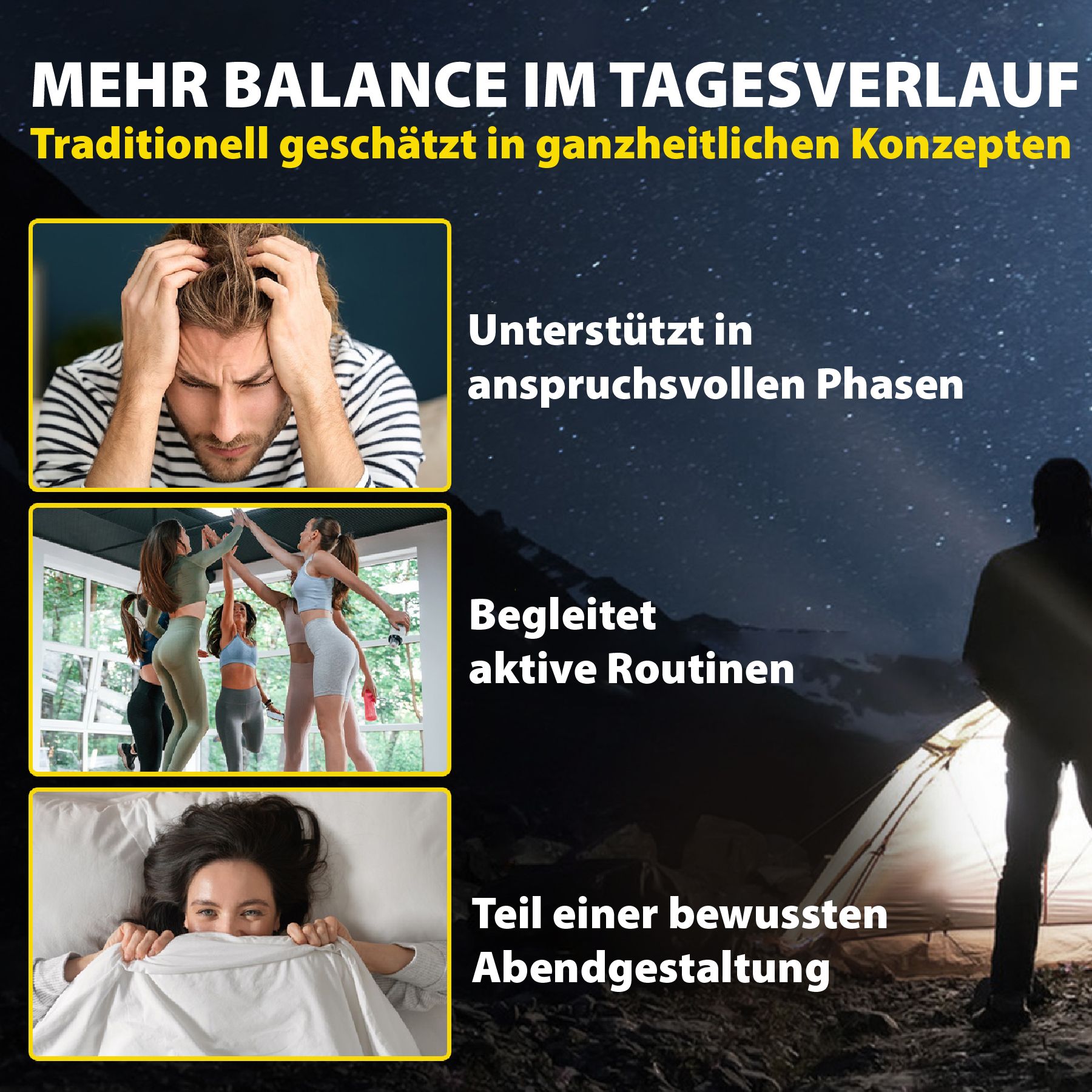 Bilder von Menschen in verschiedenen Situationen. Text: Mehr Balance im Tagesverlauf. acentialabs.