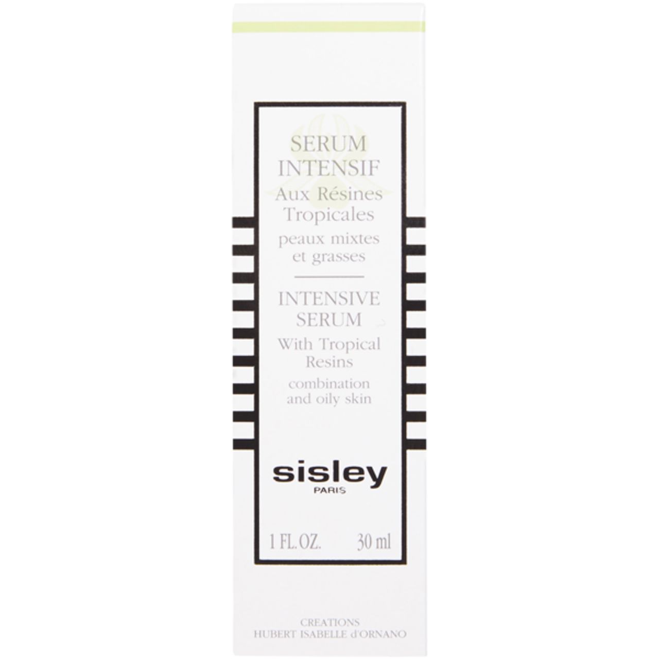 Weiße Verpackung mit Produktinformationen. Text: Sérum Intensif Aux Résines Tropicales, Sisley Paris, 30 ml.