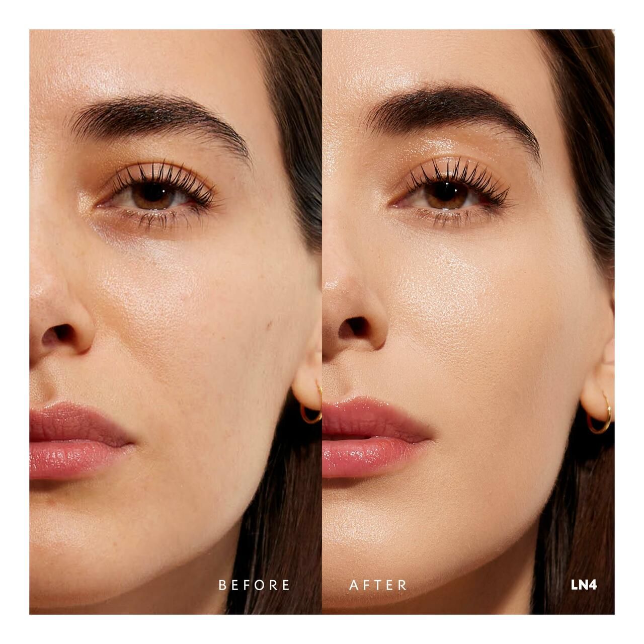 Gesicht einer Frau, geteilt in Vorher-Nachher-Ansicht. Linke Gesichtshälfte: ungeschminkt. Rechte Gesichtshälfte: geschminkt. Farbton LN4.