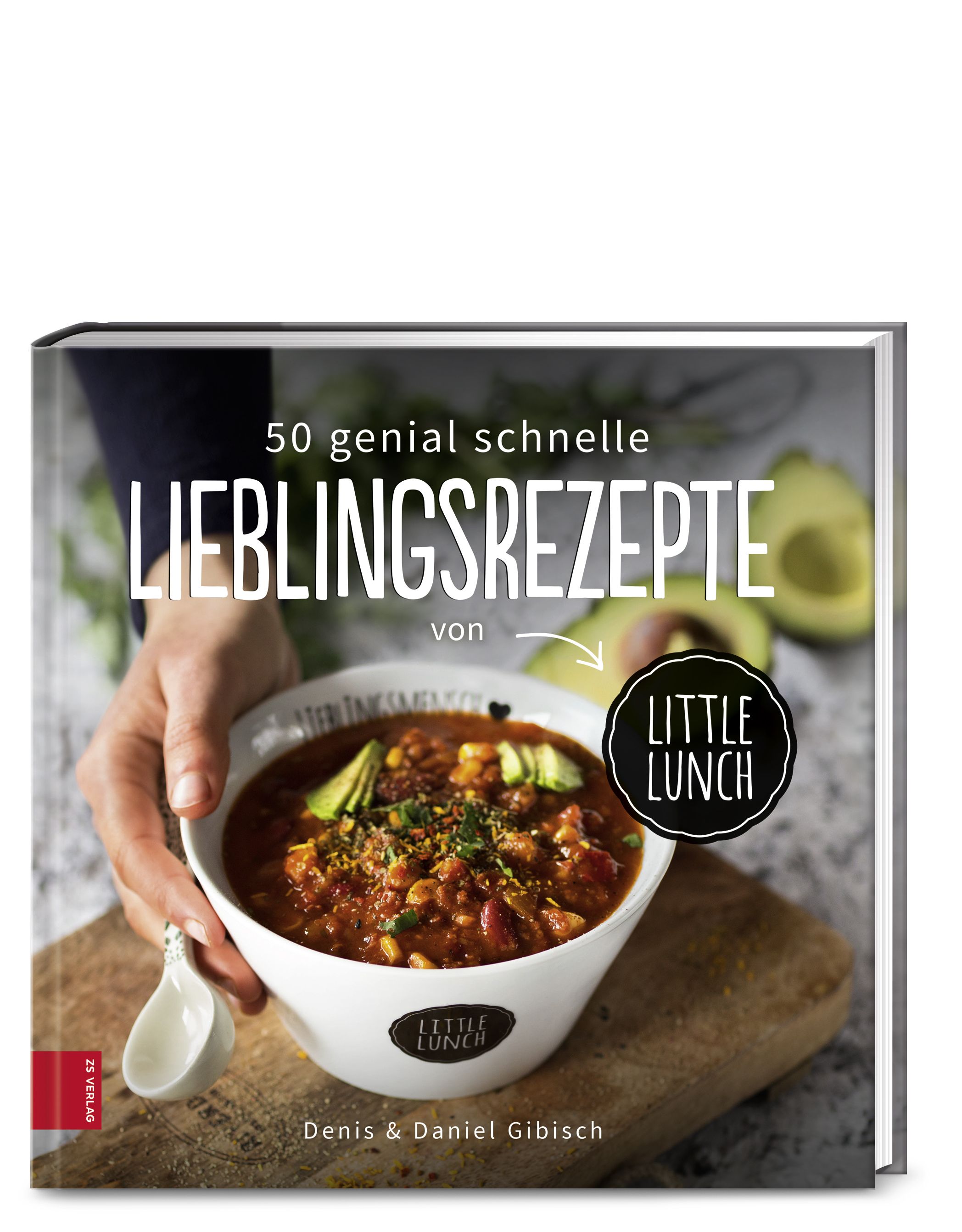 Kochbuch mit dem Titel "50 genial schnelle Lieblingsrezepte". Auf dem Cover ist eine Schüssel mit Essen abgebildet, daneben das Logo von Little Lunch.