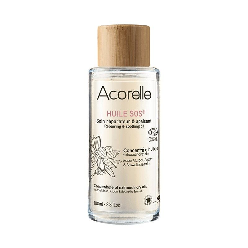 Glasflasche mit Holzverschluss. Aufschrift: Acorelle, HUILE SOS, Soin réparateur & apaisant. Bio-Zertifizierung.