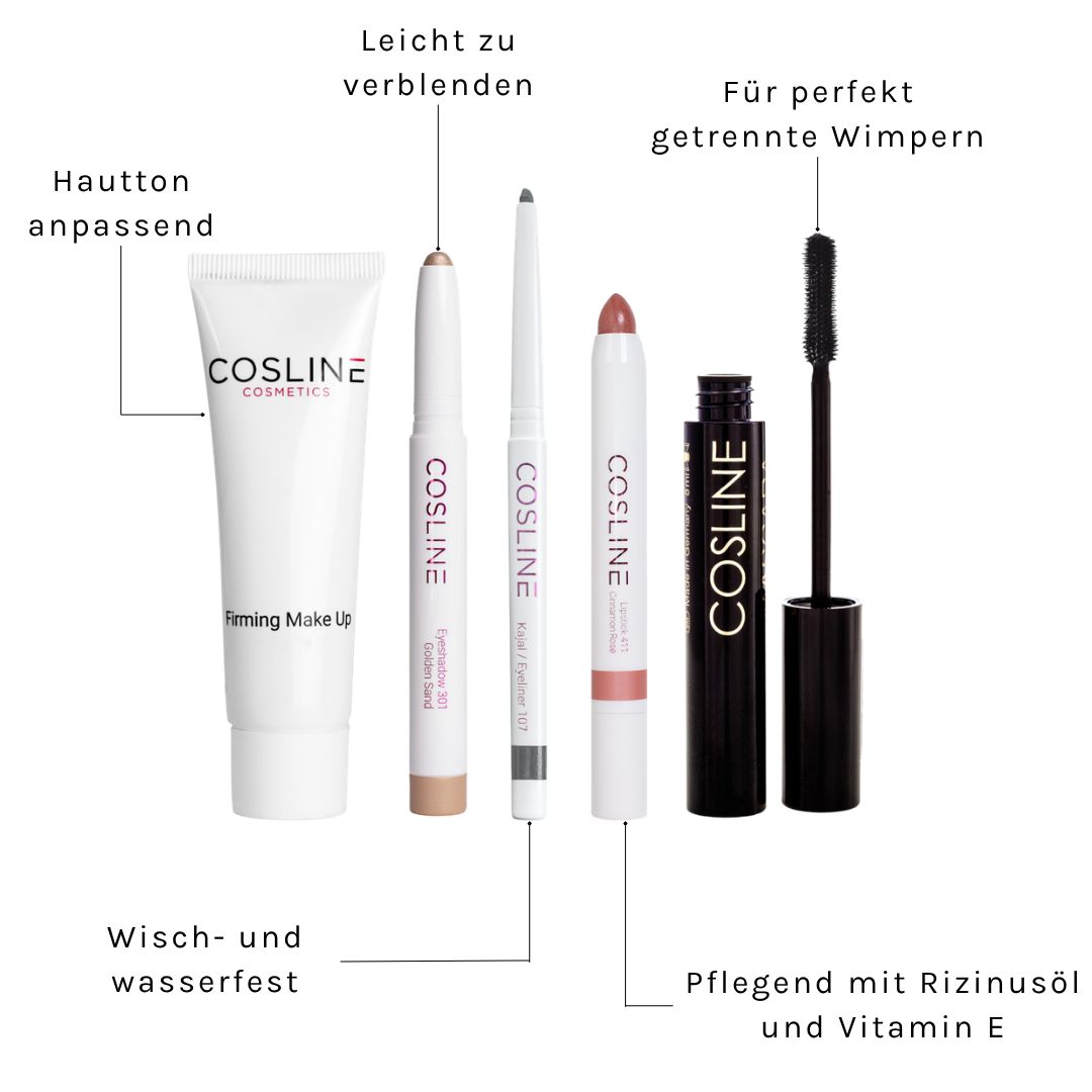 Cosline Starter-Set mit Make-up-Produkten. Enthält: Foundation, Lidschattenstift, Eyeliner, Lippenstift, Mascara. Beschriftungen.