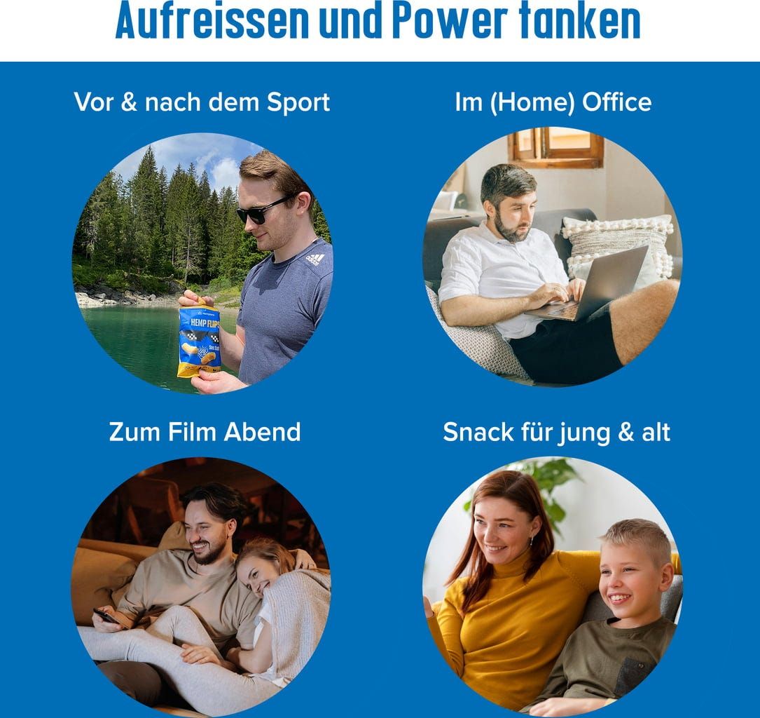 Anwendungsbeispiele für Hempions Hemp Flips Sea Salt: Vor/nach dem Sport, im Büro, zum Filmabend, für Jung & Alt. Verschiedene Personen in verschiedenen Umgebungen.