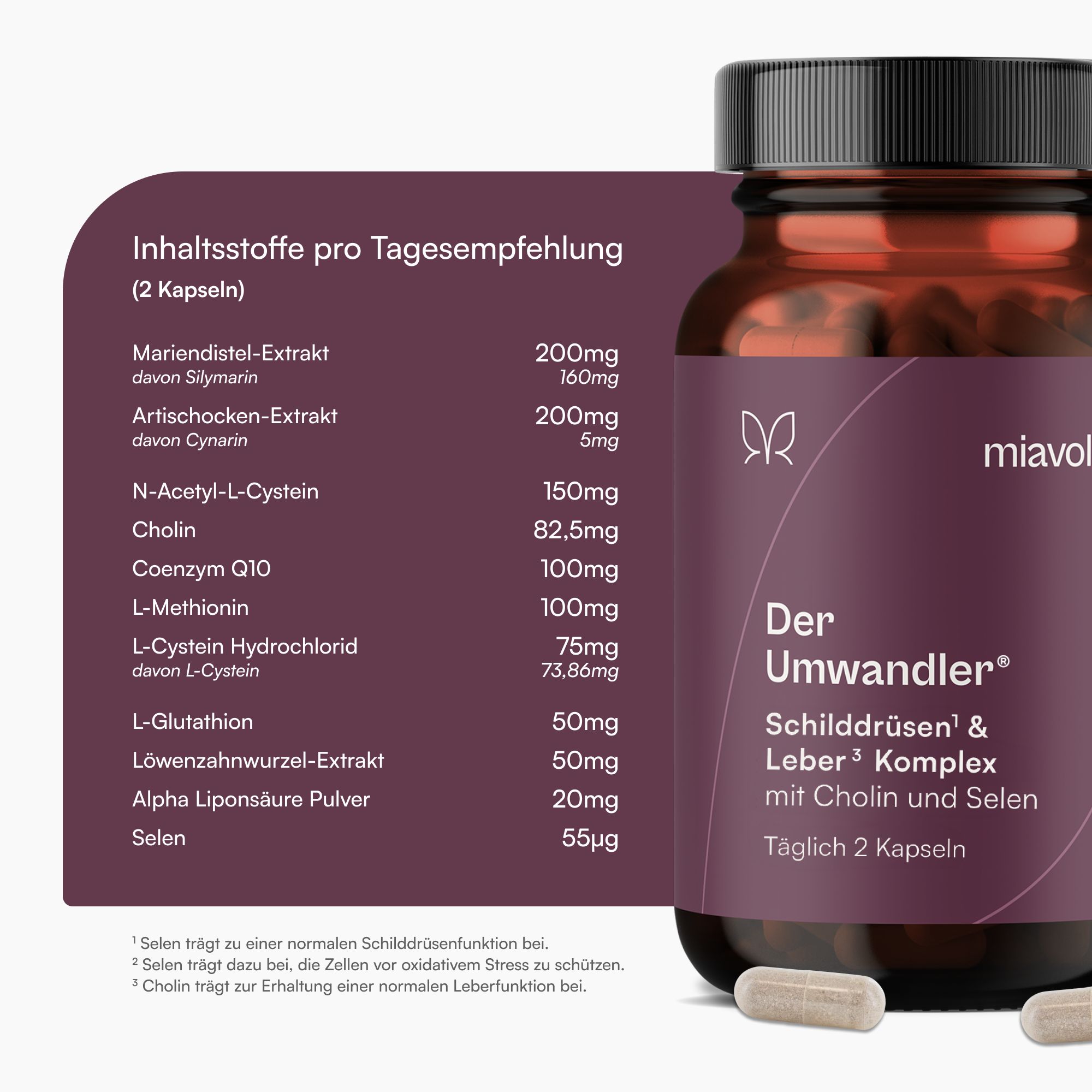 Braune Kapseln und eine Flasche mit "Der Umwandler" von miavola. Inhaltsstoffe pro Tagesempfehlung sind aufgelistet.