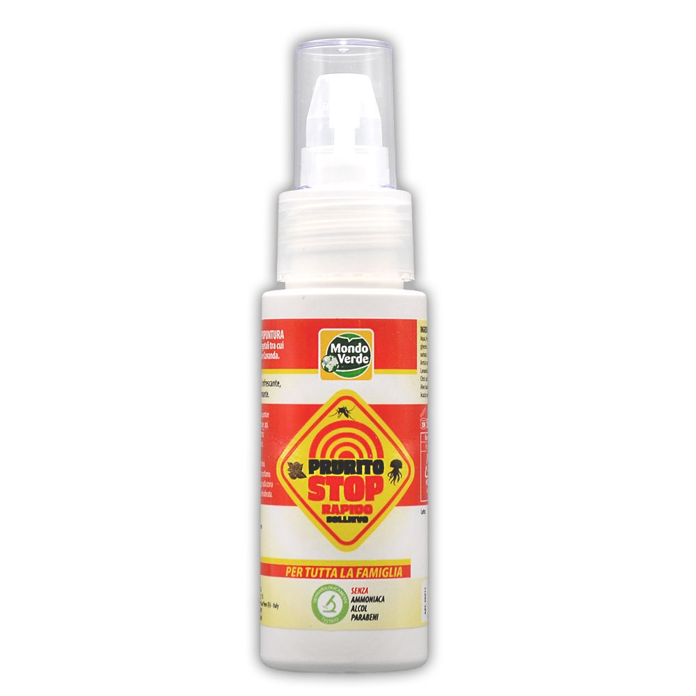 Flacone bianco con erogatore. Etichetta con logo e testo: PRURITO STOP. Prodotto: MONDO VERDE.