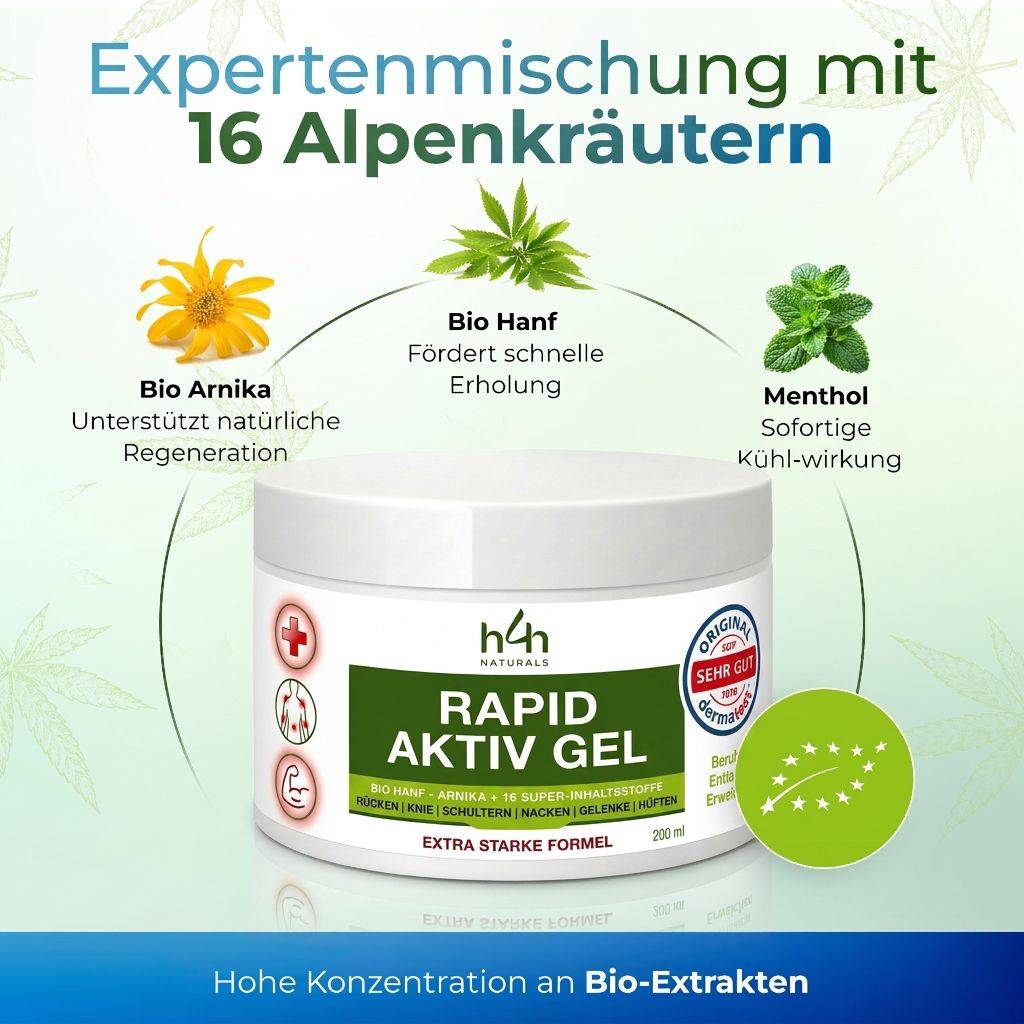 H4H Naturals Rapid Aktiv Gel Tiegel umgeben von Bio Hanf, Bio Arnika und Menthol-Blättern.
