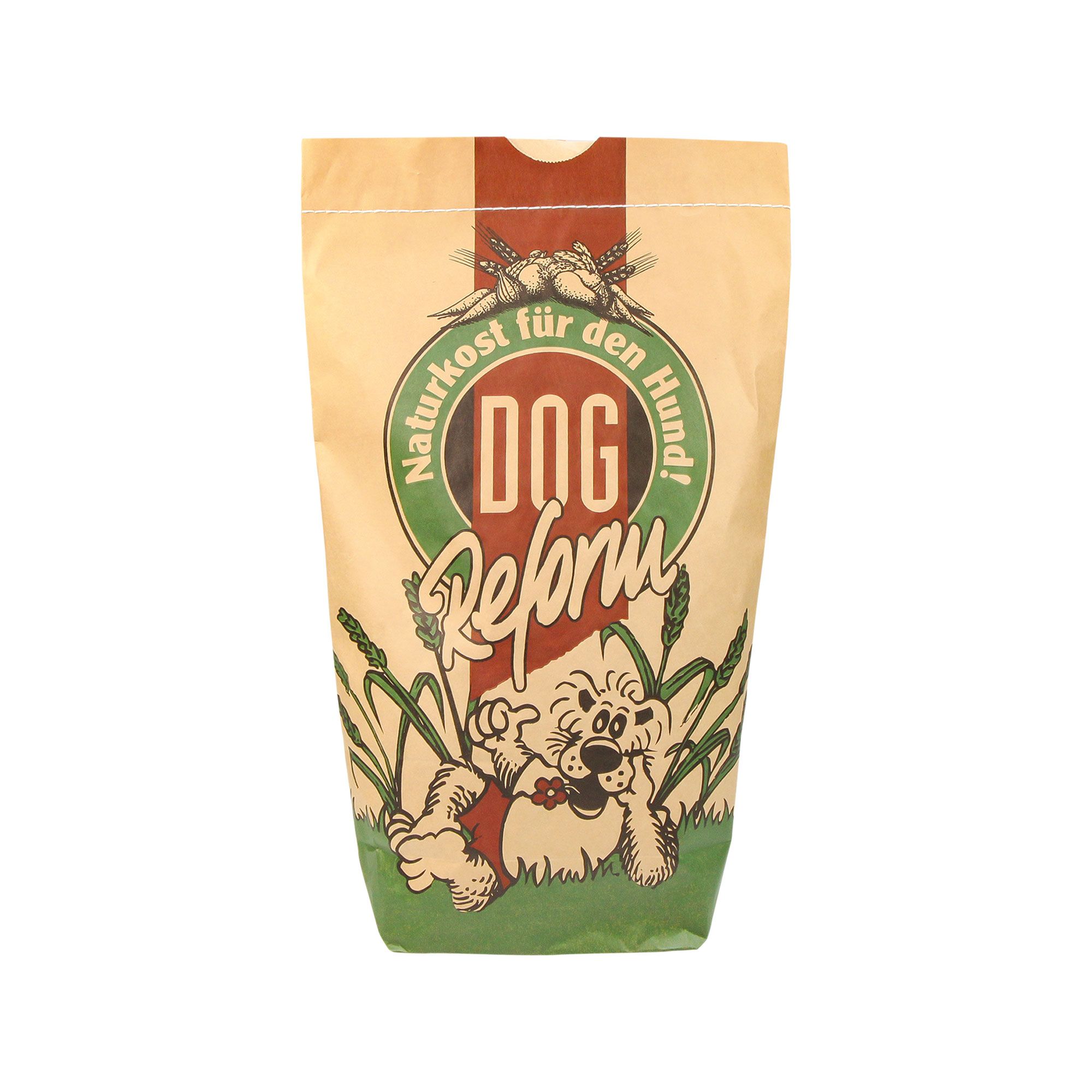 Papiertüte mit Aufdruck. Logo: DOG Reform, Naturkost für den Hund. Illustration eines Hundes.