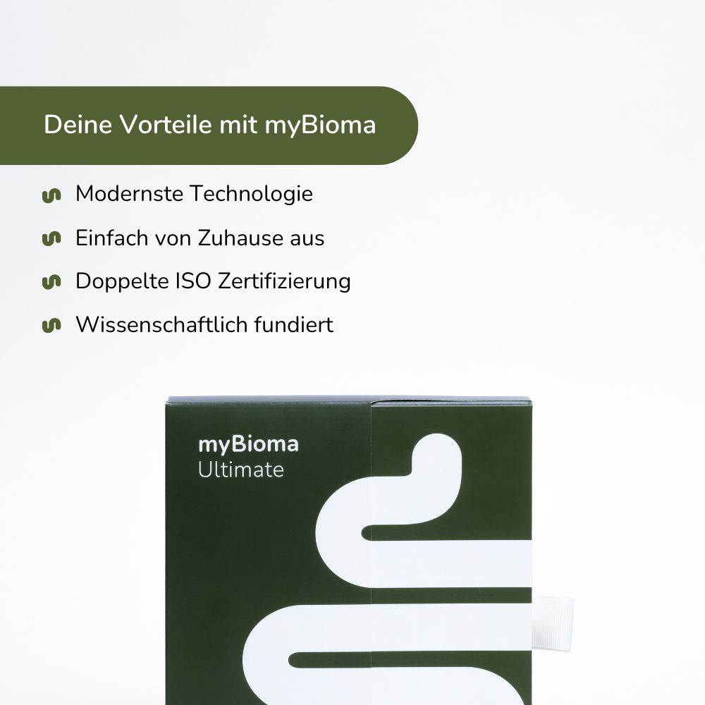 Dunkelgrüne Schachtel mit weißem Logo und Schriftzug 'myBioma Ultimate'. Text: Vorteile, ISO-Zertifizierung.