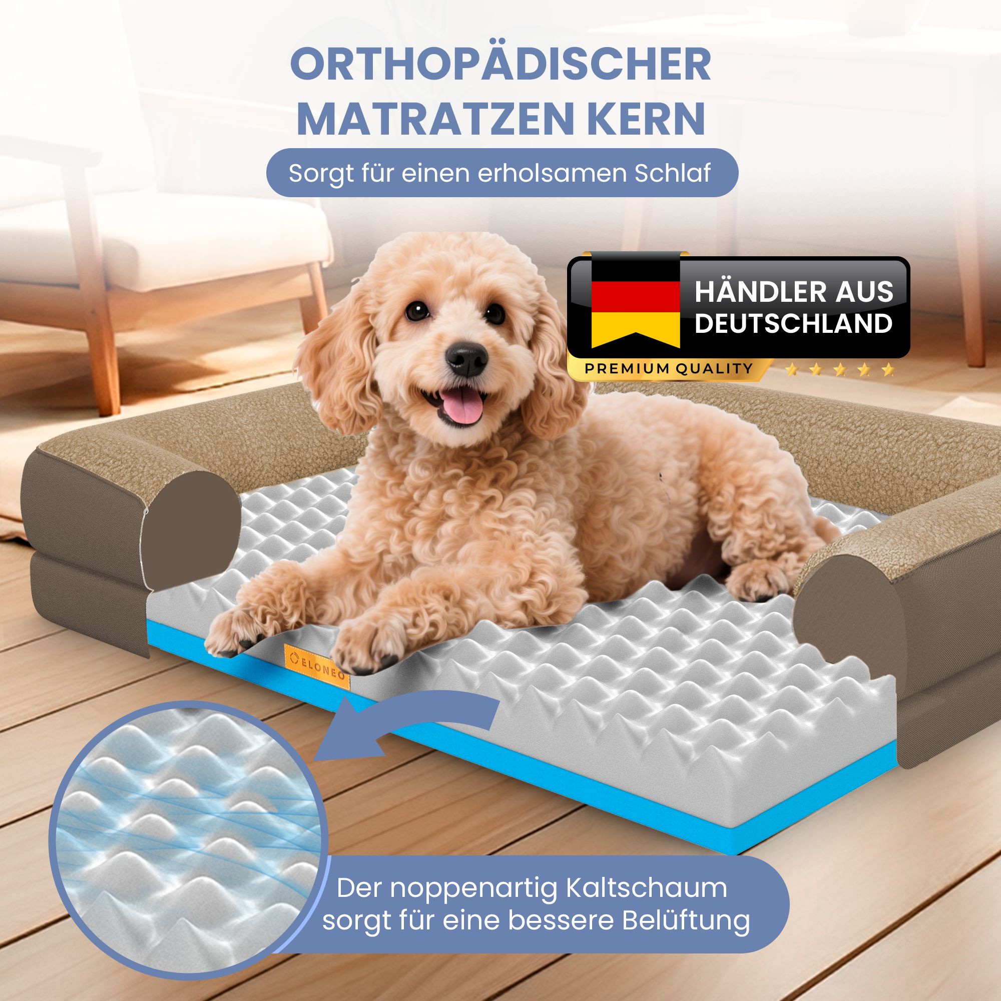 Orthopädisches Hundebett mit Kaltschaumkern. Braun. Hund liegt im Bett. Text: Sorgt für einen erholsamen Schlaf.
