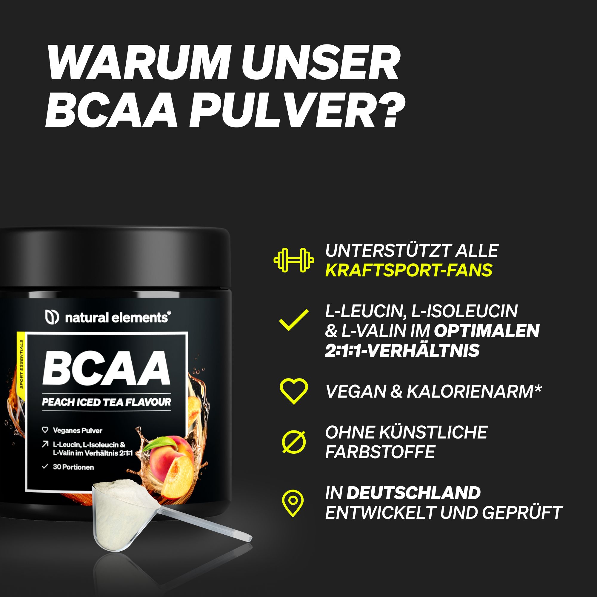 Schwarze Dose BCAA Pulver. Aufschrift: natural elements BCAA Peach Iced Tea Flavour. Löffel.
