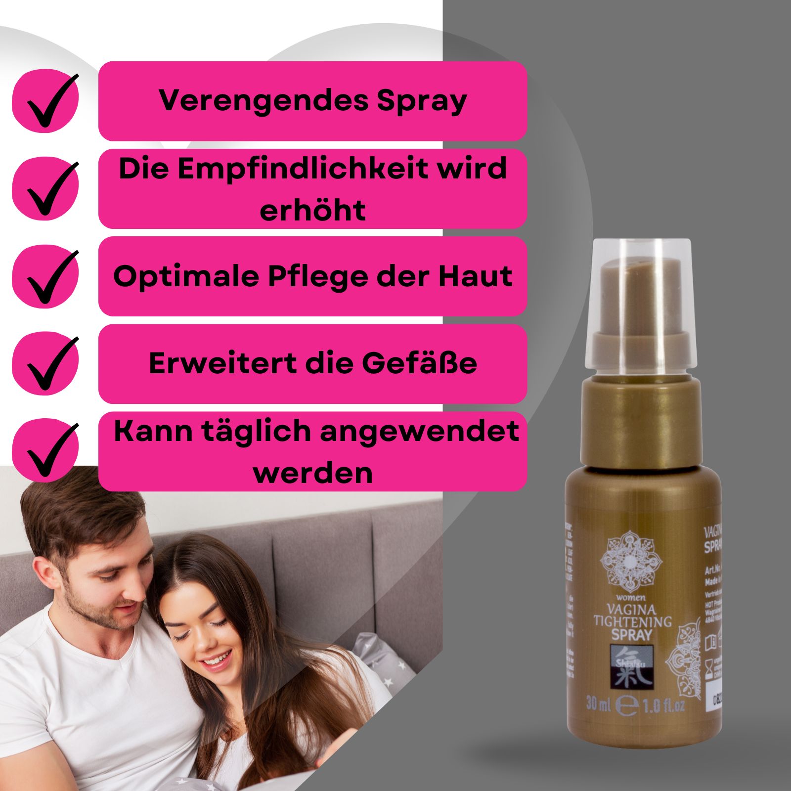 Verpackung und Flasche. Text: Vagina Tightening Spray. Paar im Hintergrund. Check-Zeichen.