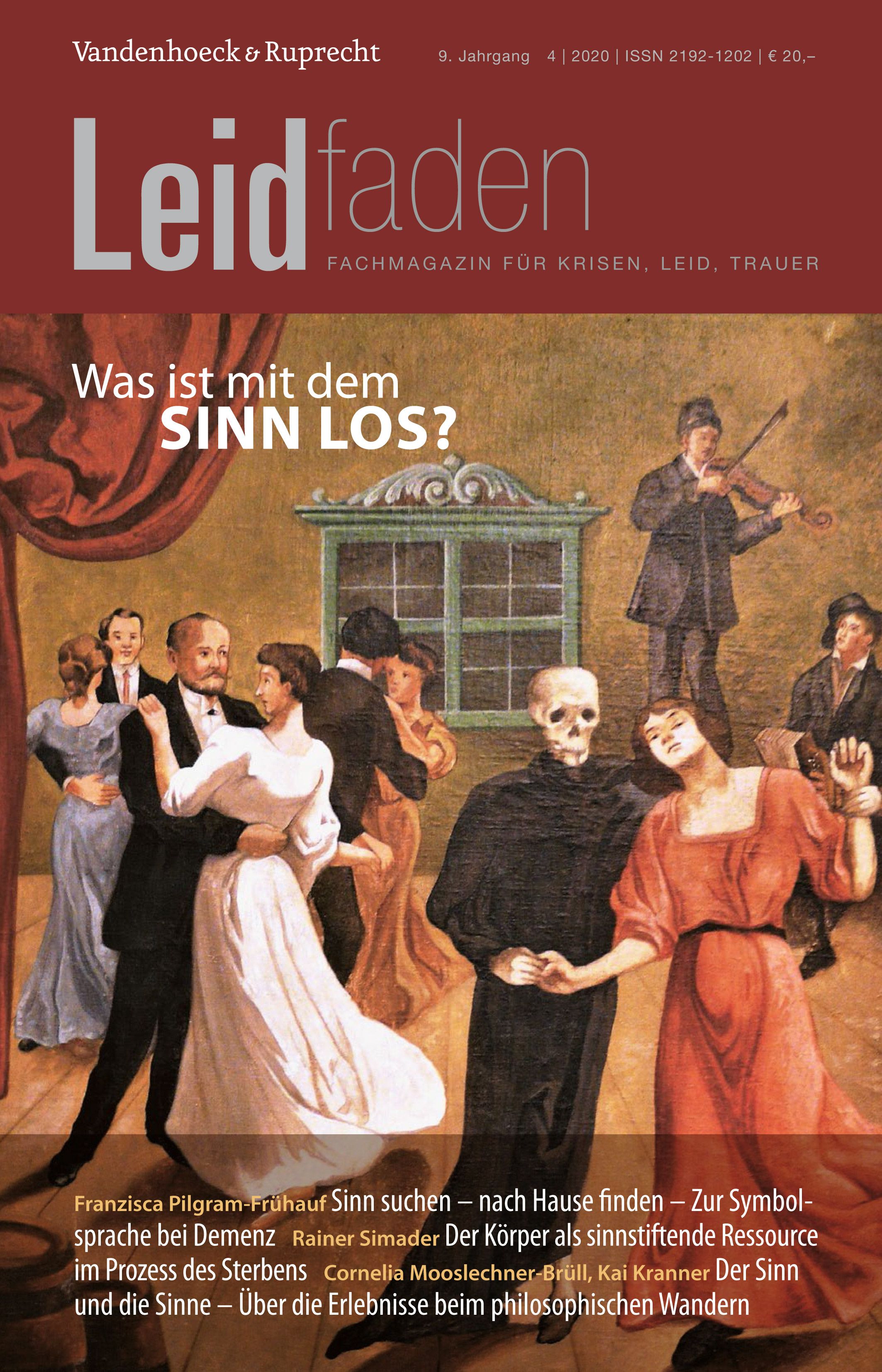 Zeitschrift "Leidfaden". Titel: "Was ist mit dem SINN LOS?". Illustration: Tanzszene mit Skelett. Verlag Vandenhoeck & Ruprecht.