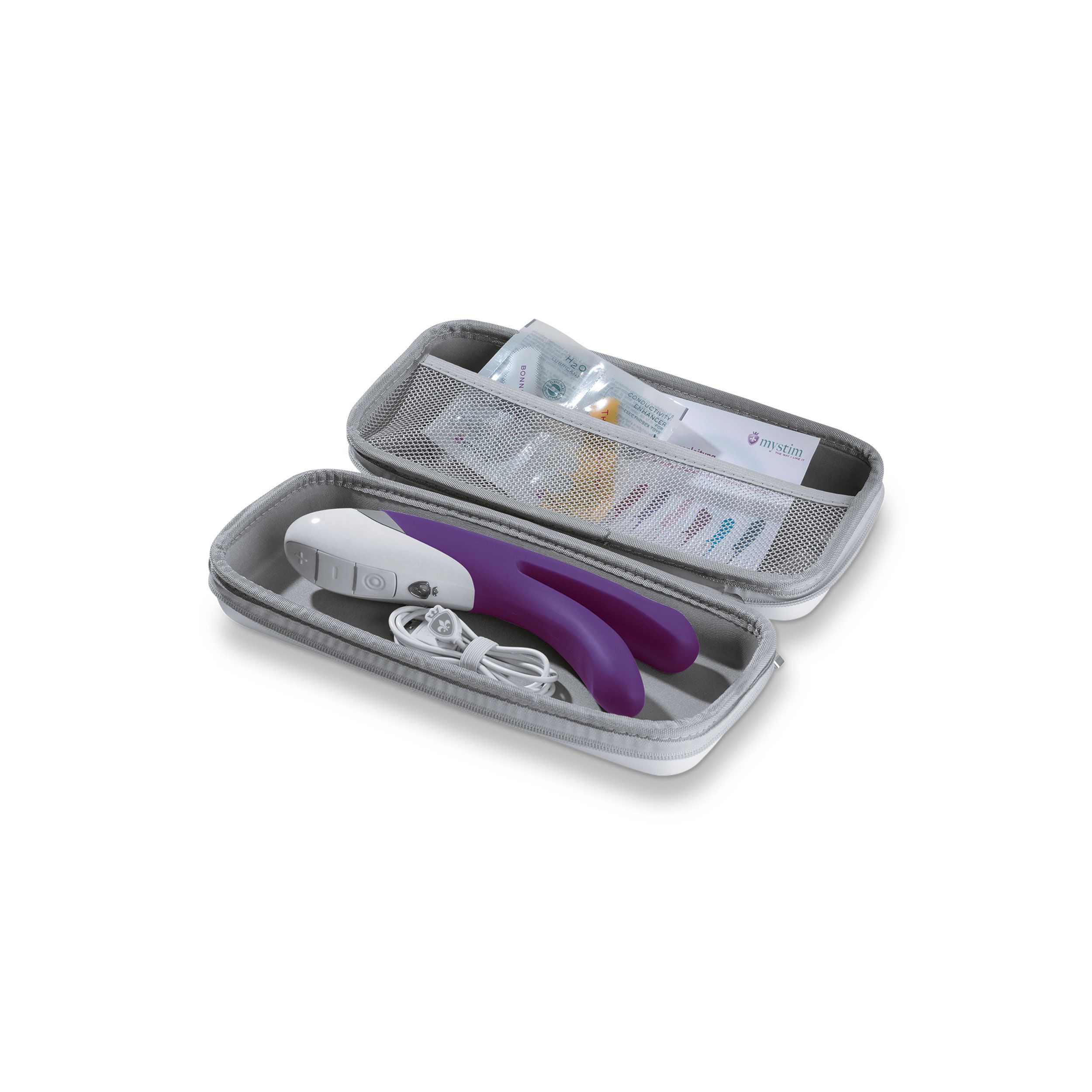Vibrator und Zubehör in einer grauen Tasche. Kabel, Anleitungen und andere Teile.