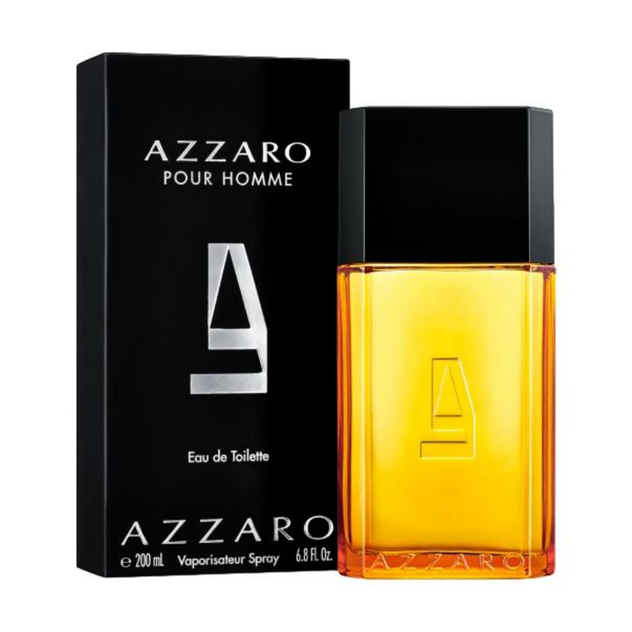 Azzaro Pour Homme Eau de Toilette Spray. Schwarze Schachtel und Flakon. Flakon mit gelber Flüssigkeit. 200ml.