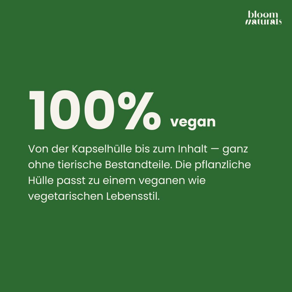 Text 100% vegan. Von der Kapselhülle bis zum Inhalt, ohne tierische Bestandteile.
