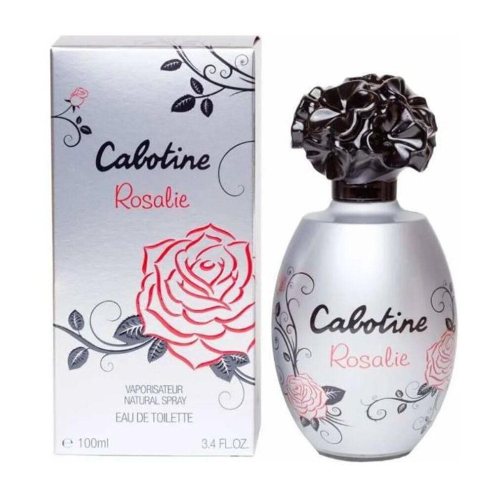 Flakon und Schachtel. Flakon silberfarben, schwarzer Blütenverschluss. Aufschrift Cabotine Rosalie. Schachtel mit Rose.