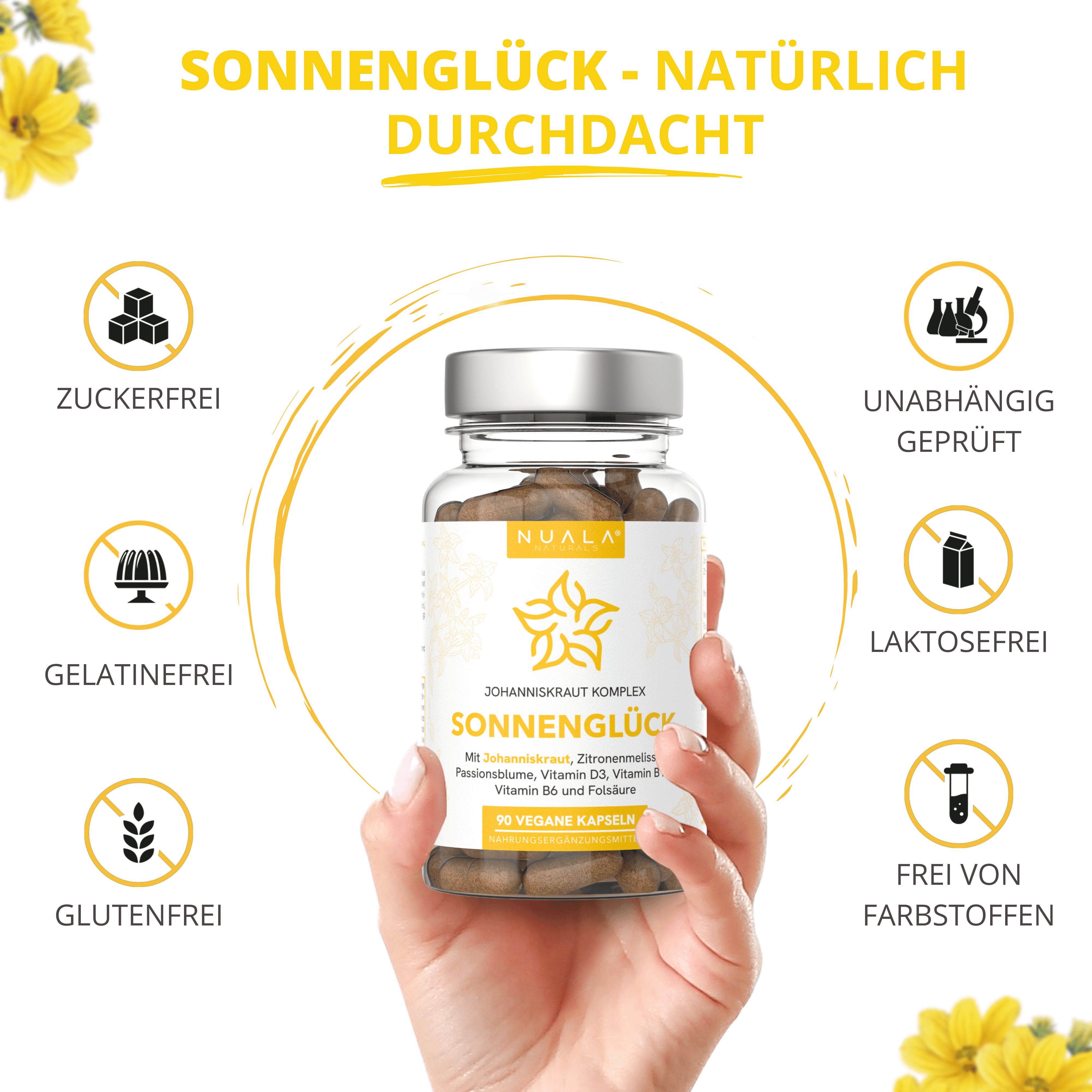 Hand hält eine transparente Flasche mit Kapseln. Auf der Flasche steht 'SONNENGLÜCK'. Umgeben von Symbolen für Zuckerfrei, Glutenfrei, Laktosefrei, etc.