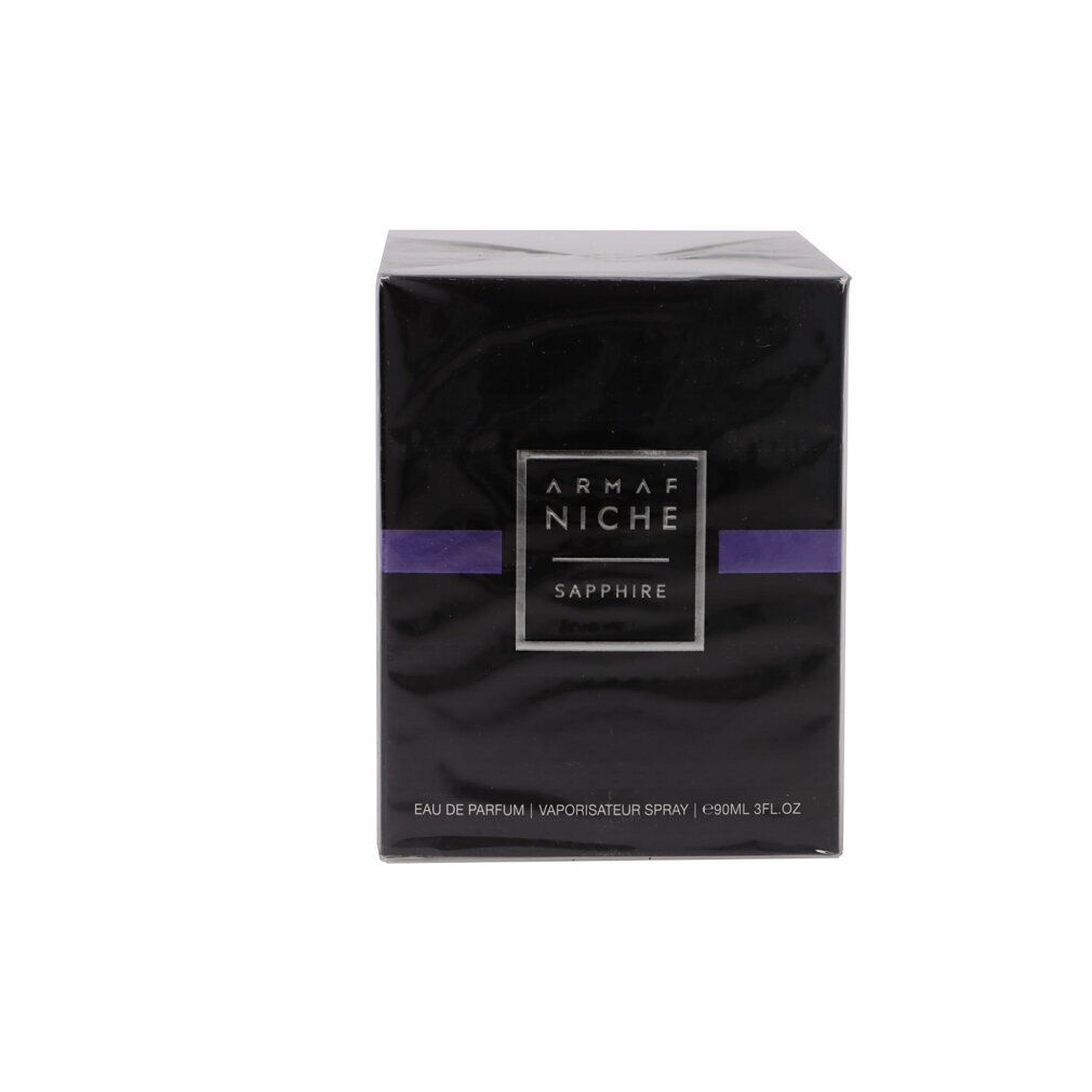 Schwarzer Karton mit "Armaf Niche Sapphire". Lila Streifen. "Eau de Parfum Spray".