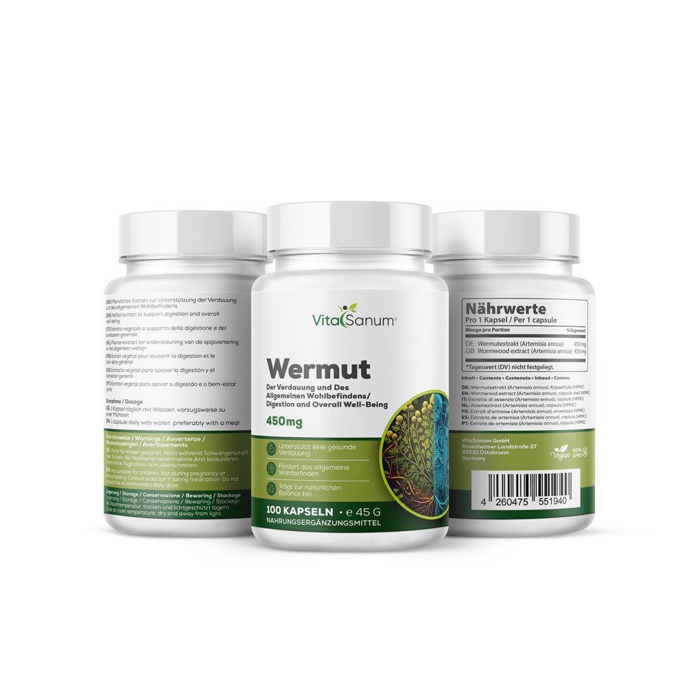 Drei weiße Flaschen mit Etiketten. Aufschrift: VitaSanum, Wermut, 450mg. Grün-weiße Verpackung.