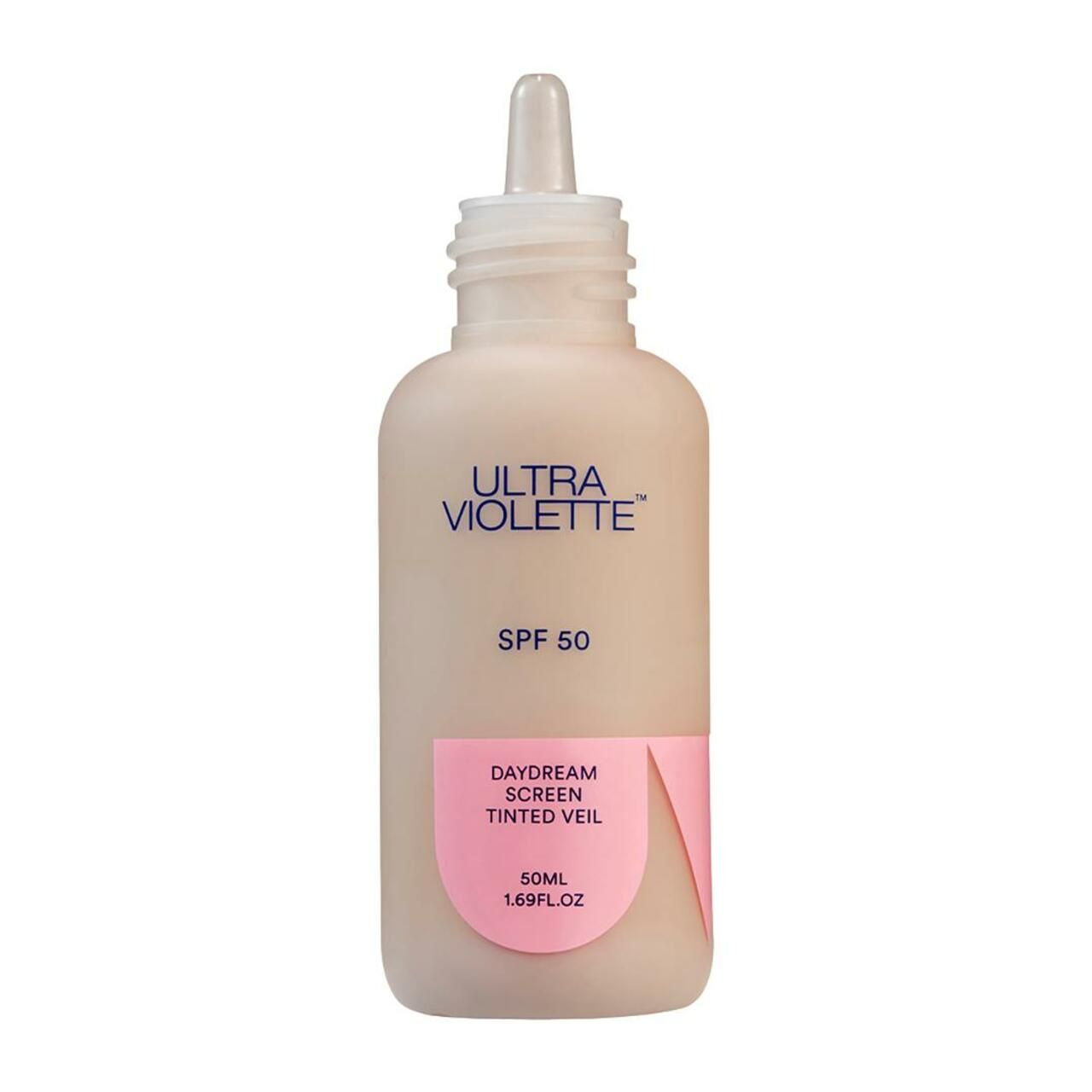 Beige Flasche mit weißem Applikator. Aufschrift: Ultra Violette, SPF 50, Daydream Screen Tinted Veil. 50ml.