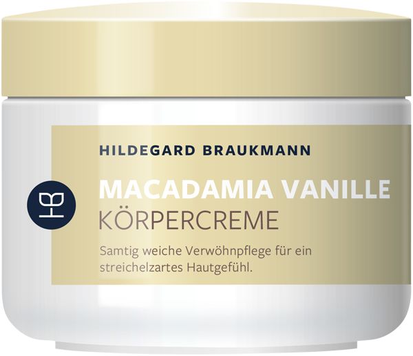 Creme-Tiegel mit Deckel. Aufschrift: Macadamia Vanille Körpercreme. Marke: Hildegard Braukmann. Beige und weiße Farben.