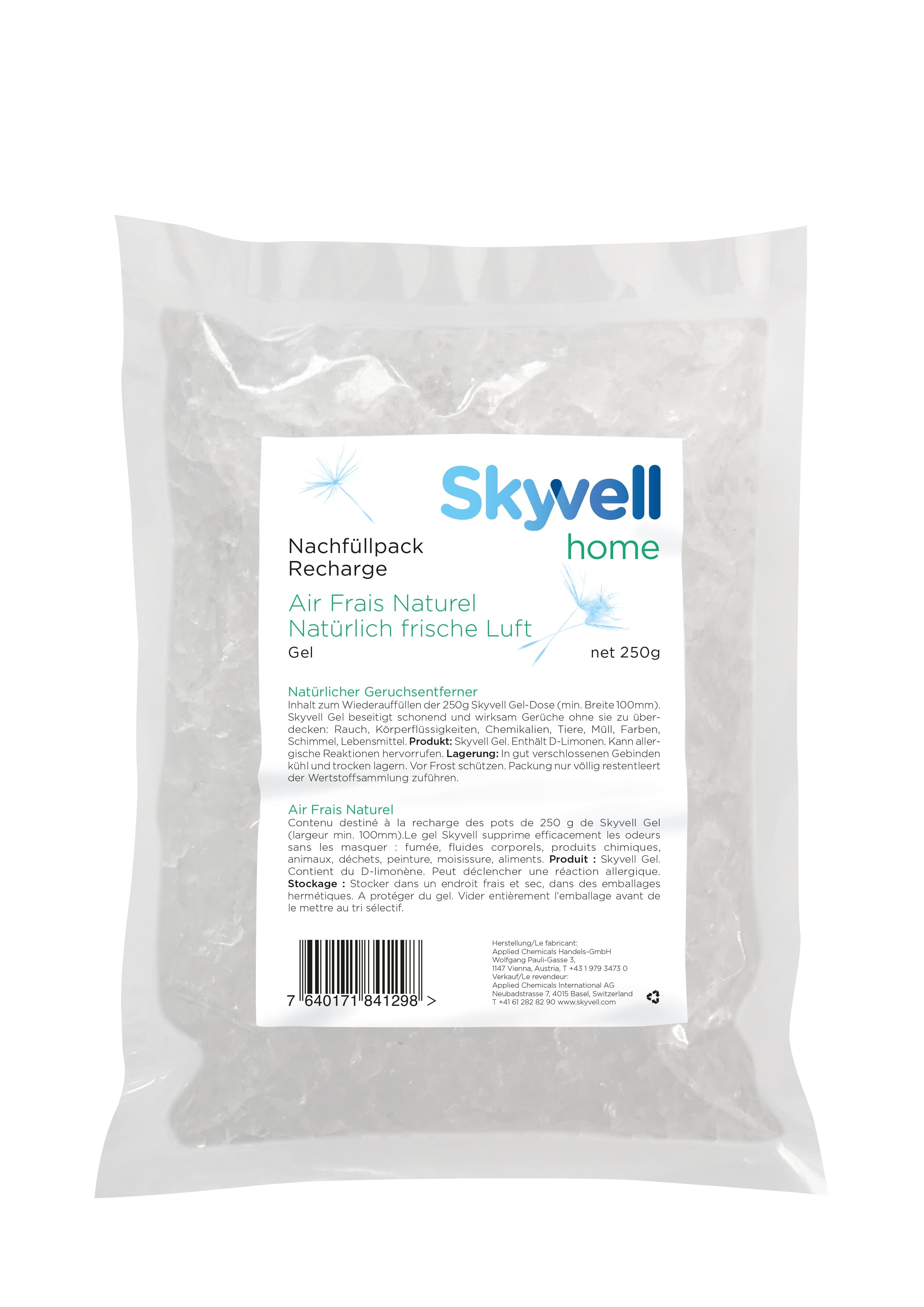 Nachfüllpackung Skyvell Home Gel. Transparente Gel-Kügelchen in Folienverpackung. Text: Air Frais Naturel, 250g.