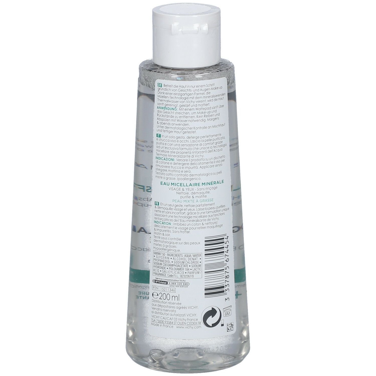 Rückseite einer Flasche VICHY Pureté Thermale. Weißer Deckel, transparente Flüssigkeit. Text und Etikett mit Informationen.