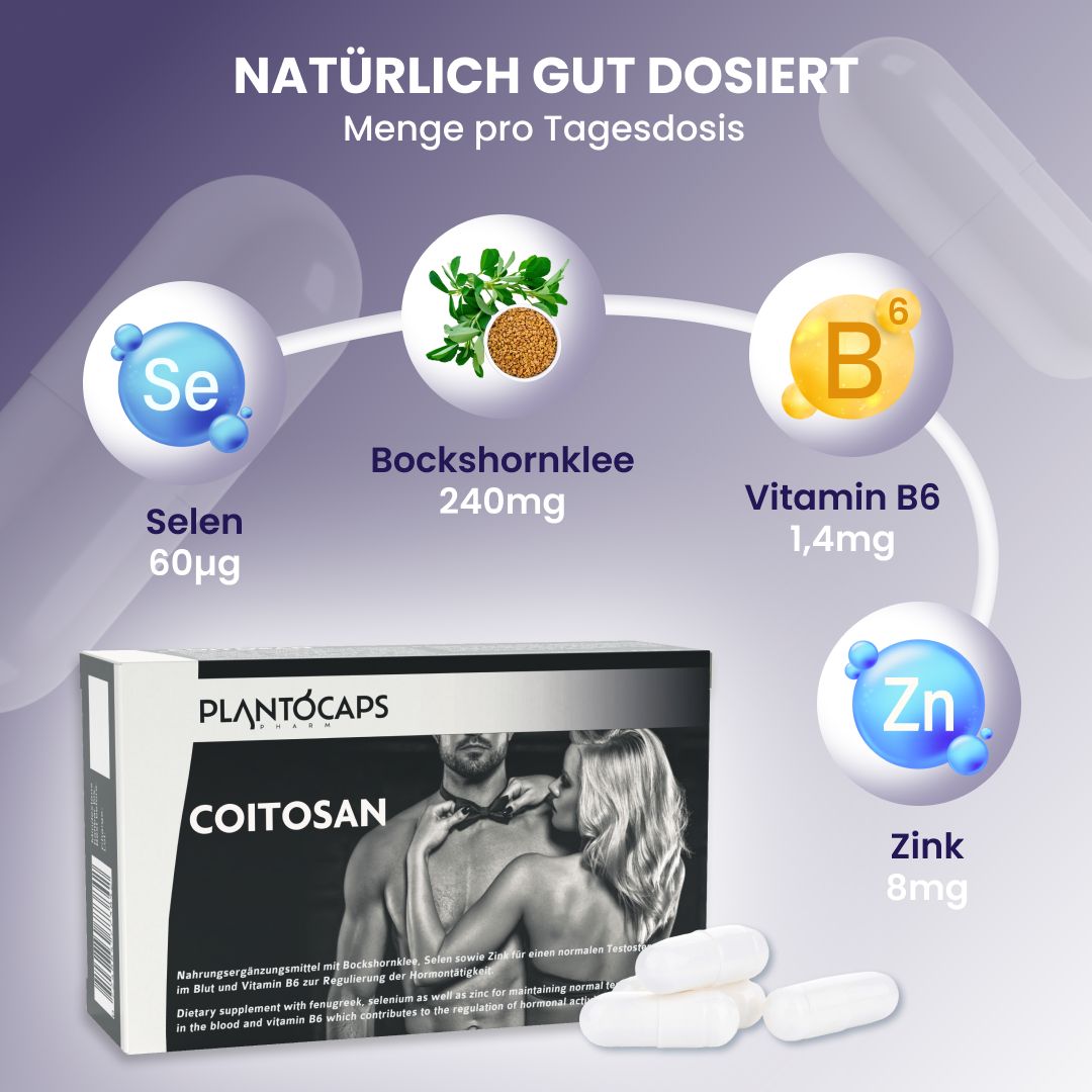 plantoCAPS COITOSAN-Packung. Text: Wirkung. Selen, Zink, Vitamin B6. Paar im Hintergrund.