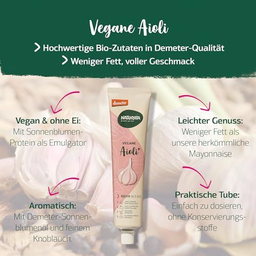 Naturata Vegane Aioli Tube mit Knoblauch-Abbildung. Bio-Zutaten, weniger Fett.