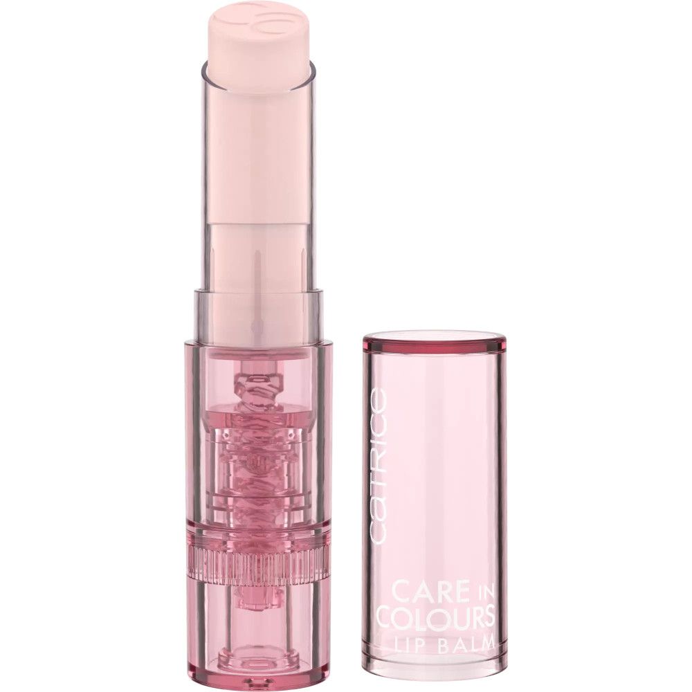 Catrice Care In Colours Lippenbalsam. Transparente Hülse, rosa Lippenbalsam, offene Kappe. Produktname und Marke sichtbar.