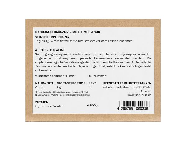 Naturkur Glycin Nahrungsergänzungsmittel, 500g. Rückseite der Verpackung mit Hinweisen und Zutaten.