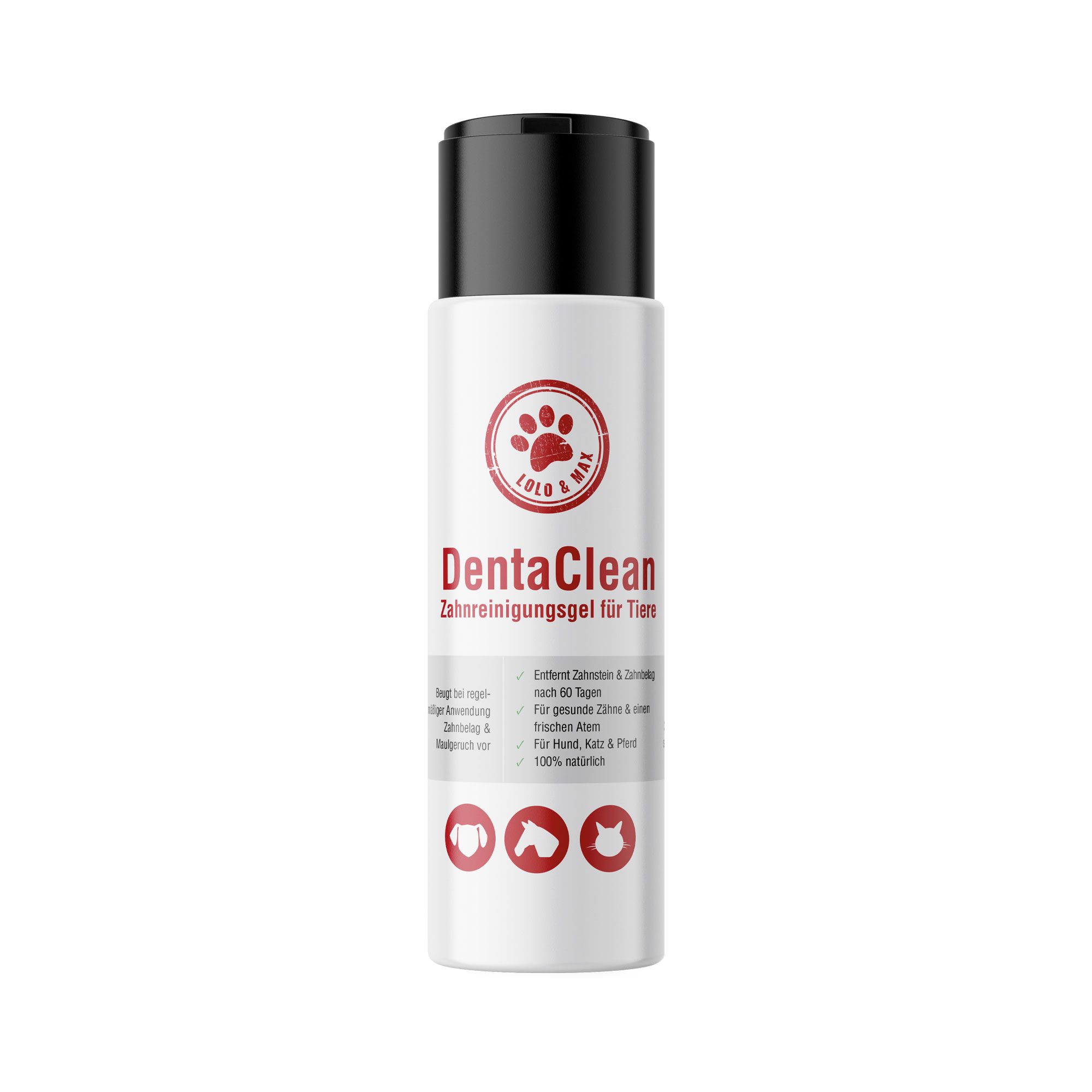 Weiße Flasche mit schwarzem Deckel. Roter Aufdruck mit Pfotenabdruck und Text. Produktname: DentaClean Zahnreinigungs-Gel für Tiere.