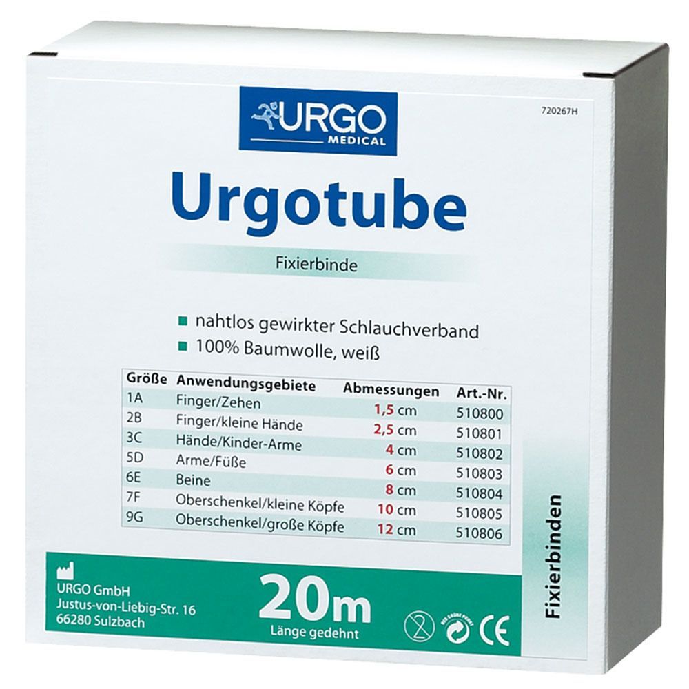 Weiße Urgotube Fixierbinde-Verpackung. Enthält 20m. Größenangaben für Finger, Hände, Arme, Beine und Oberschenkel. Mit CE-Kennzeichnung.