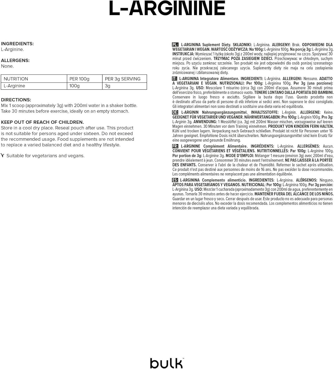 Etikett mit Nährwertangaben und Inhaltsstoffen. "L-Arginin"-Text. "bulk"-Logo unten.