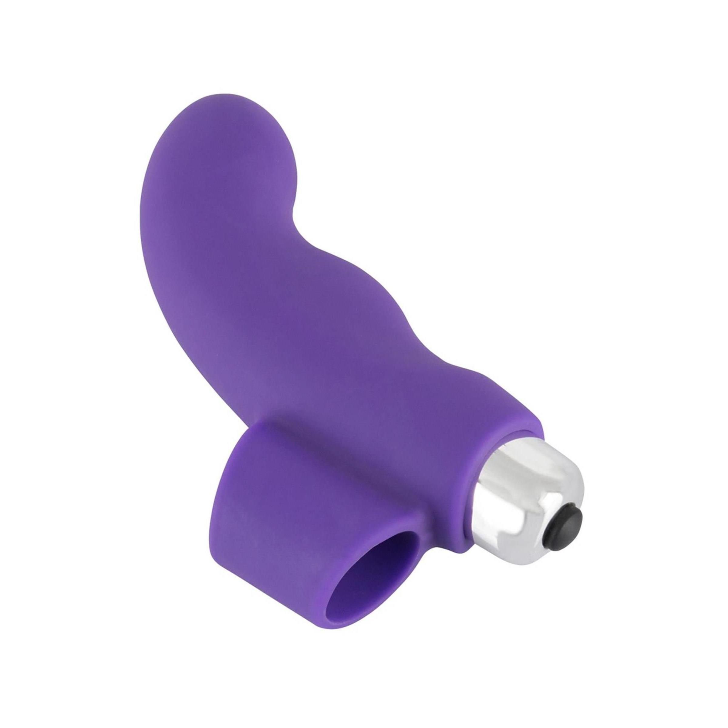 Lila Finger-Vibrator. Silikon-Material. Ringförmige Basis. Silberfarbener Vibrationskopf mit schwarzem Knopf.