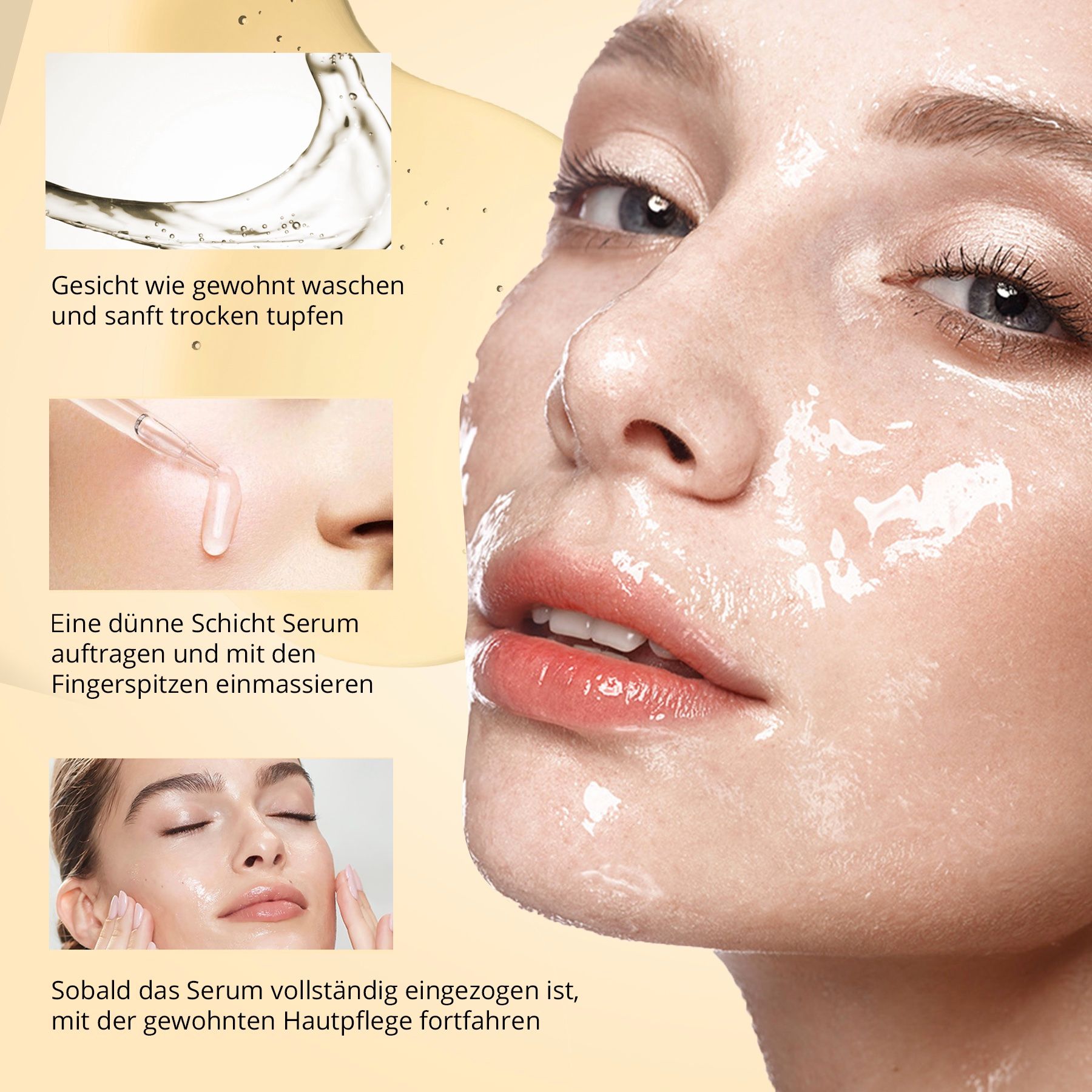 Frau mit Gesicht. Anweisungen zur Anwendung des Serums. Text: Tiefenwirksam durch alle Hautschichten.