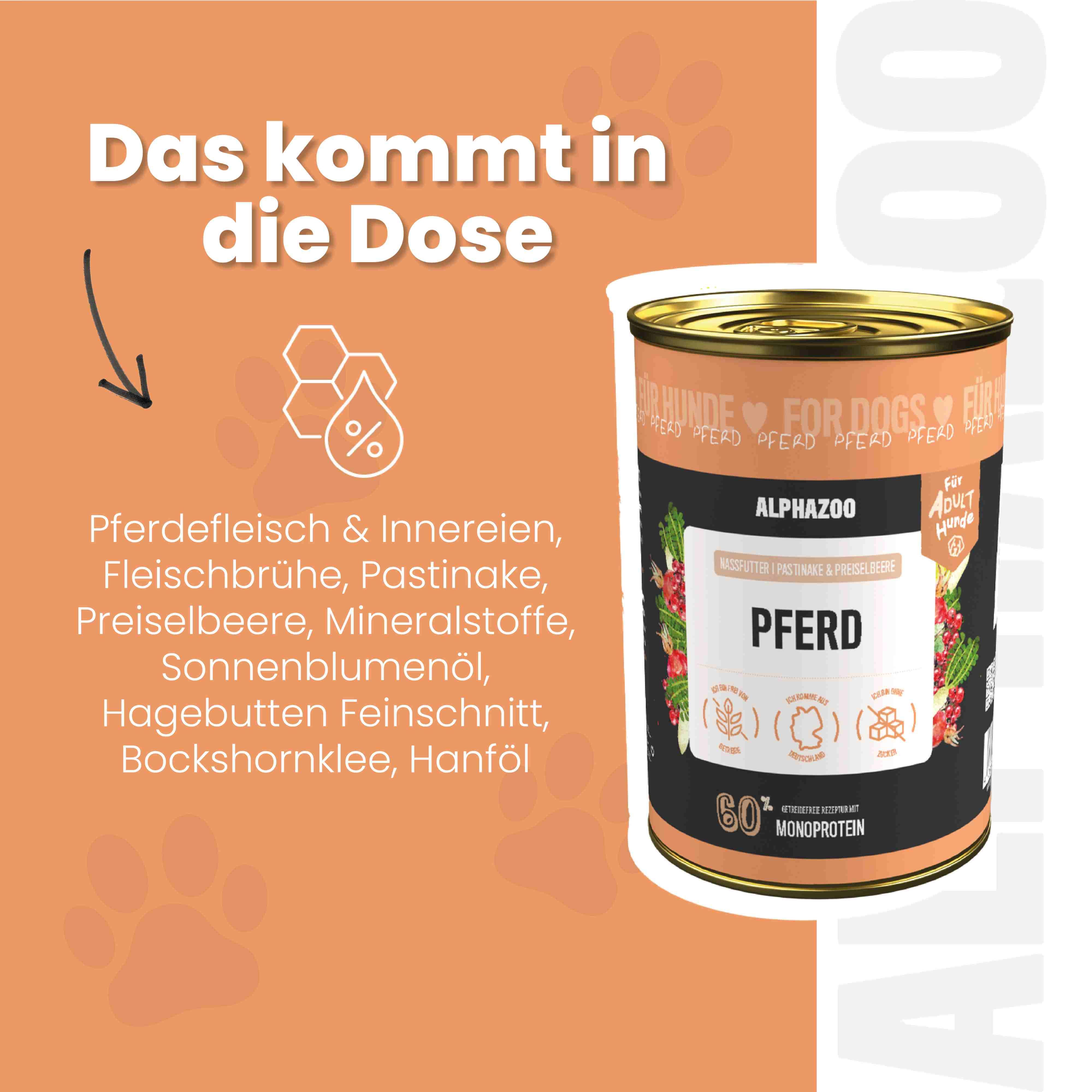 Nassfutterdose mit Text: ALPHAZOO, Pferd. Zutaten: Pferdefleisch, Innereien, Fleischbrühe, Pastinake, Preiselbeere, Mineralstoffe, Sonnenblumenöl, Hagebutte, Bockshornklee, Hanföl.